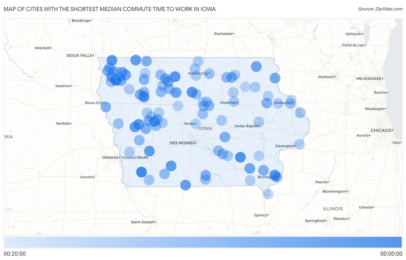 Cities with the Shortest Median Commute Time to Work in Iowa Map