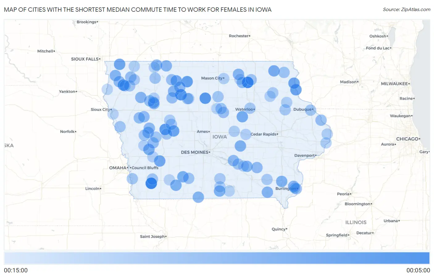 Cities with the Shortest Median Commute Time to Work for Females in Iowa Map