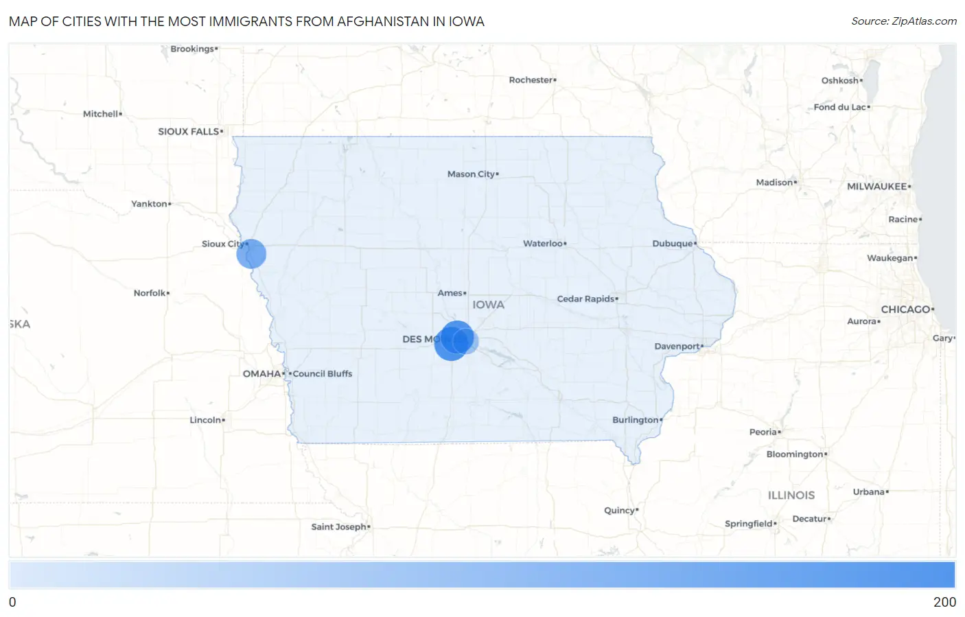 Cities with the Most Immigrants from Afghanistan in Iowa Map