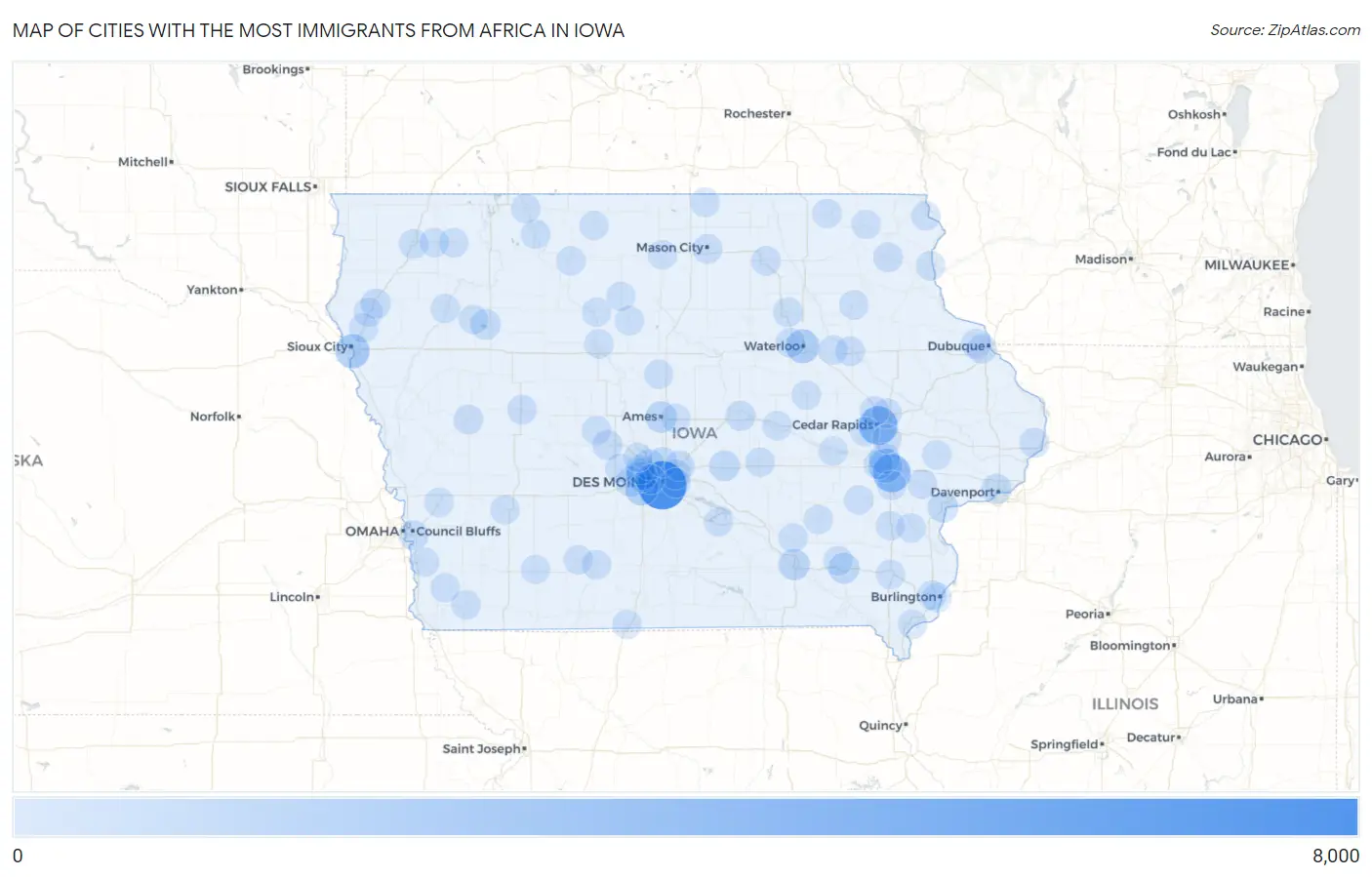 Cities with the Most Immigrants from Africa in Iowa Map