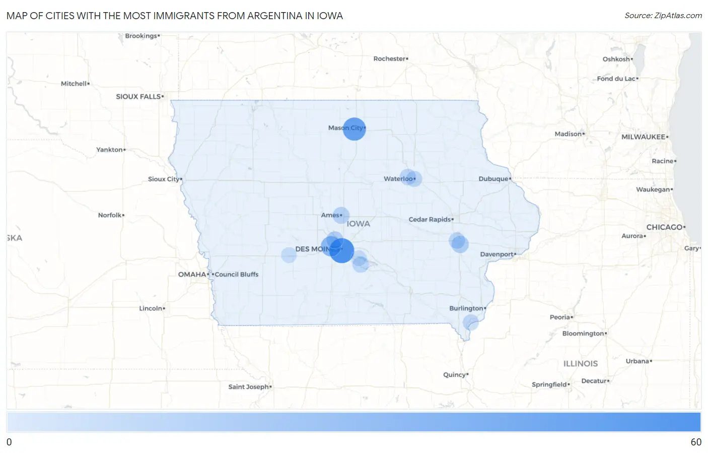 Cities with the Most Immigrants from Argentina in Iowa Map