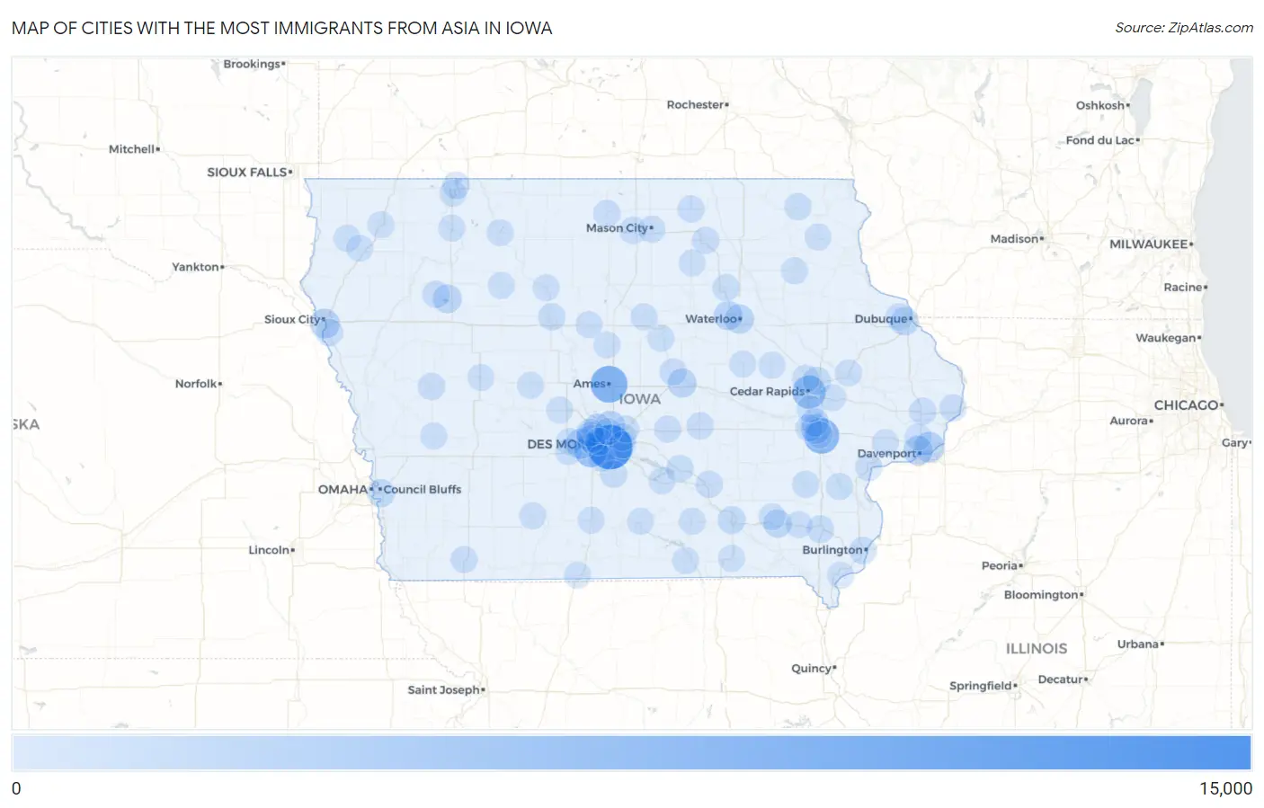 Cities with the Most Immigrants from Asia in Iowa Map