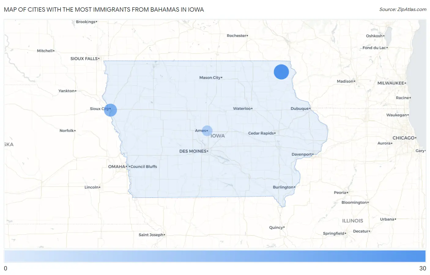 Cities with the Most Immigrants from Bahamas in Iowa Map