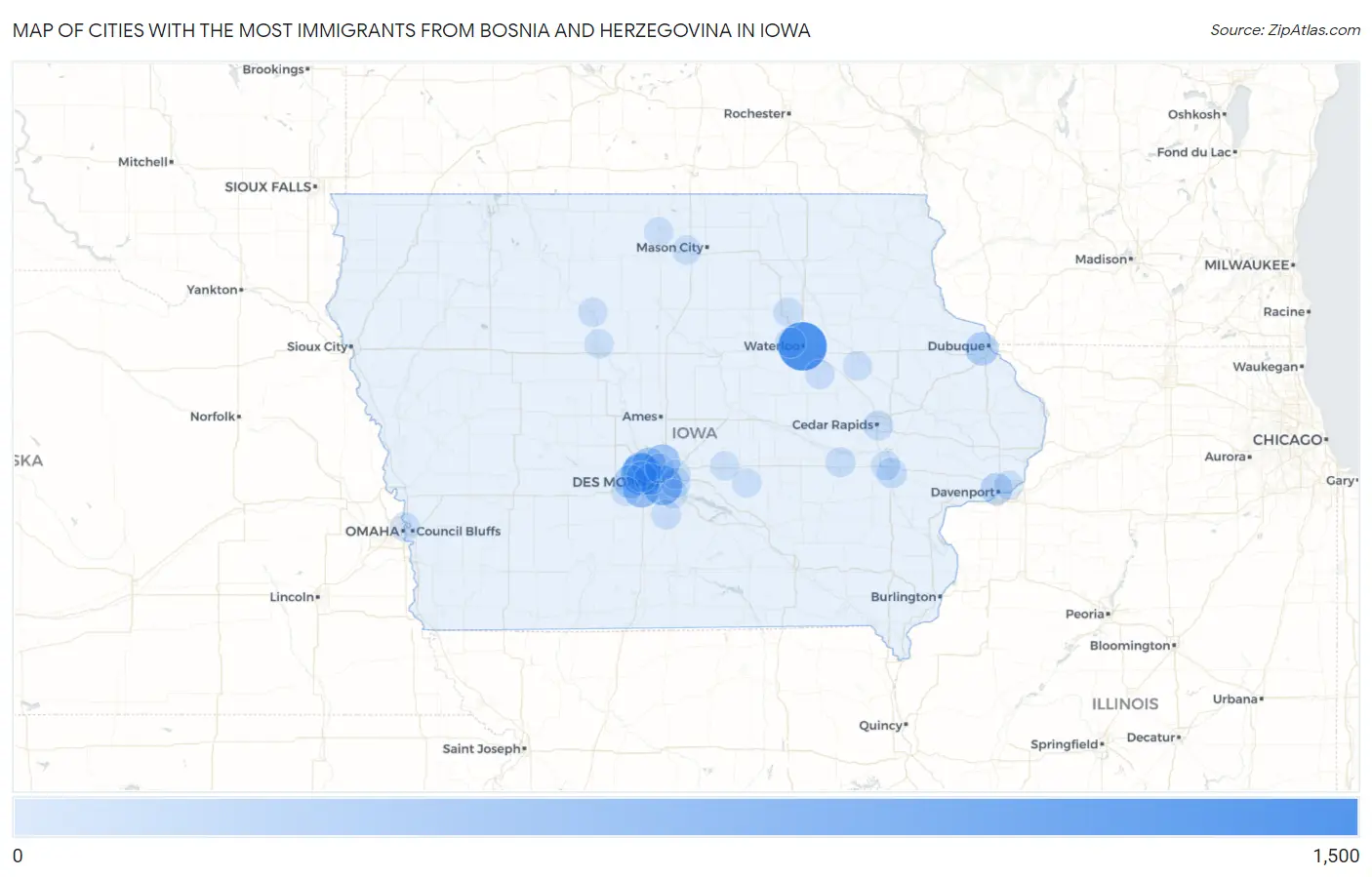 Cities with the Most Immigrants from Bosnia and Herzegovina in Iowa Map