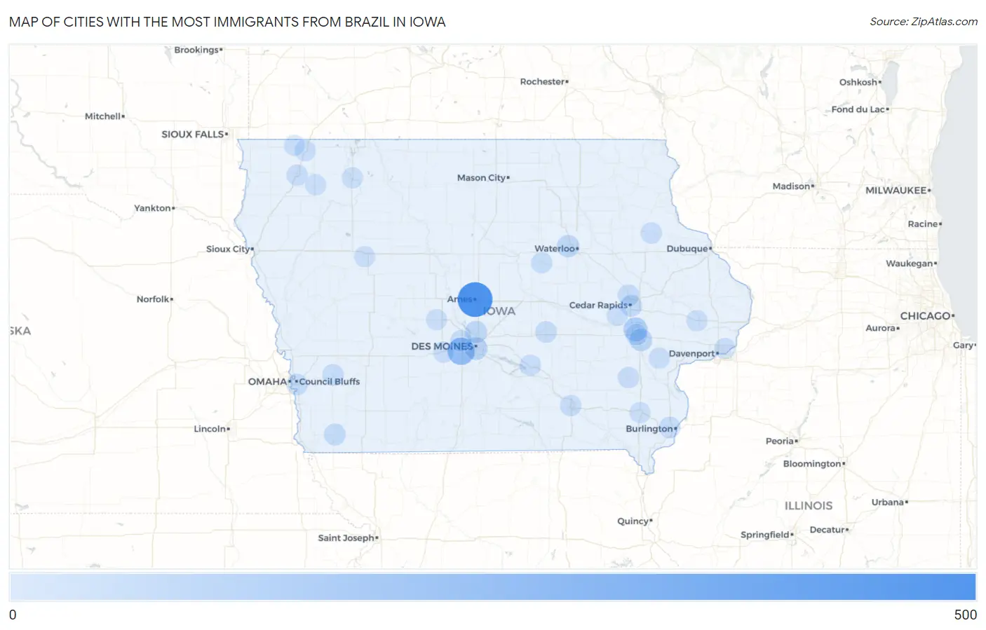 Cities with the Most Immigrants from Brazil in Iowa Map