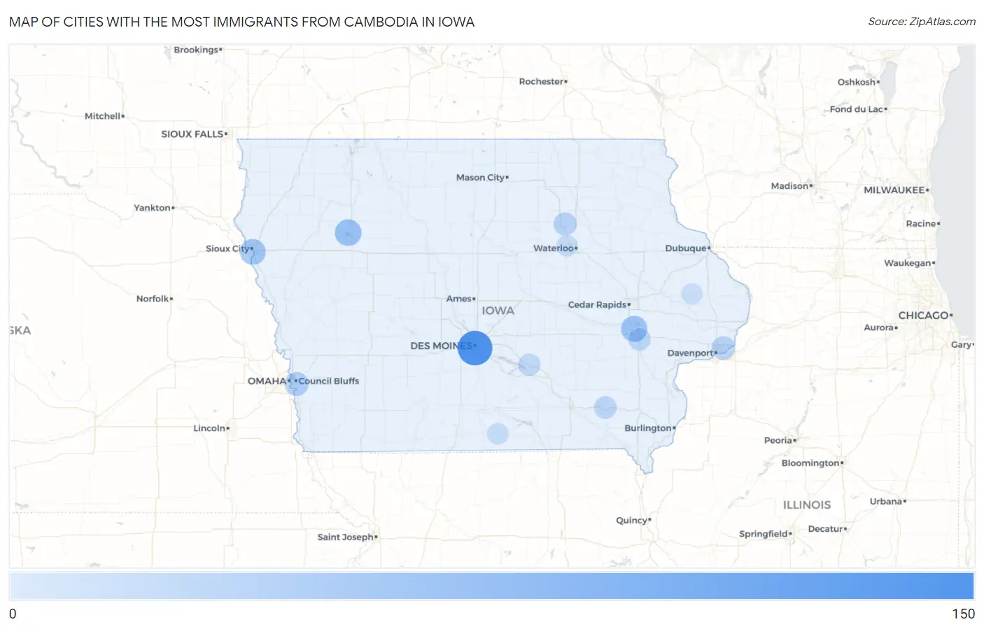 Cities with the Most Immigrants from Cambodia in Iowa Map