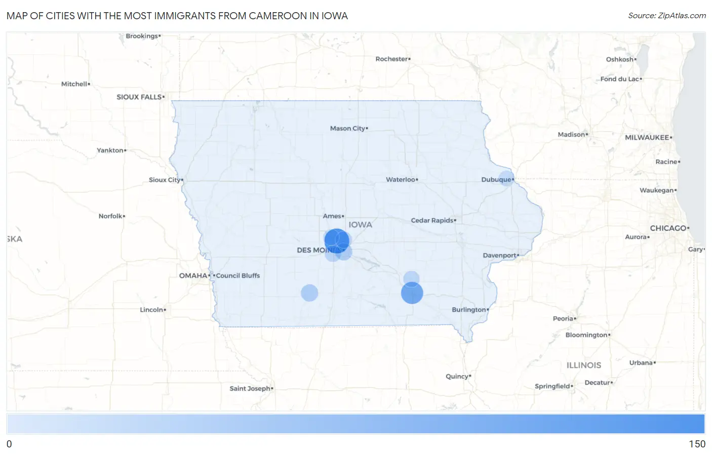 Cities with the Most Immigrants from Cameroon in Iowa Map