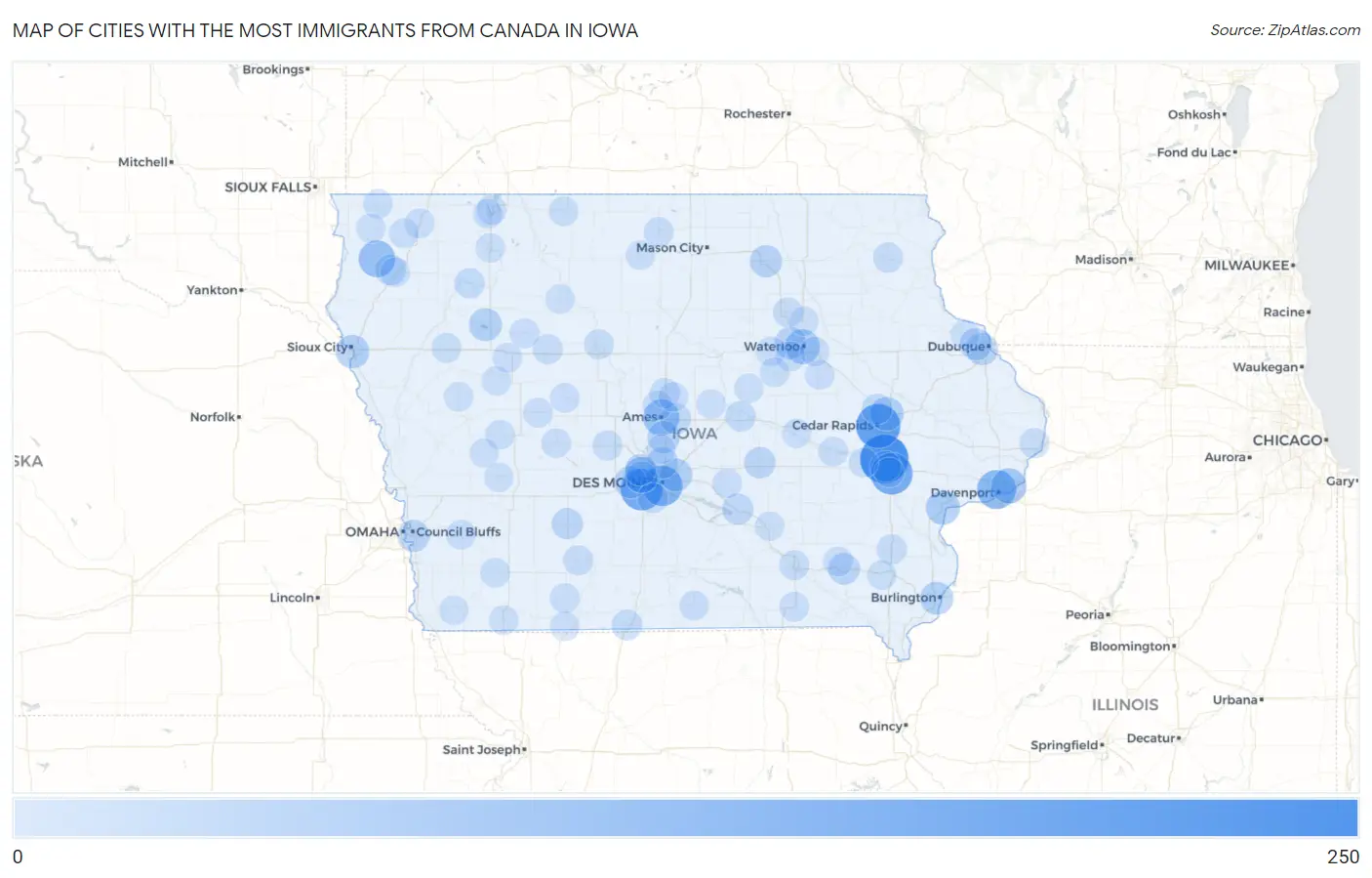 Cities with the Most Immigrants from Canada in Iowa Map