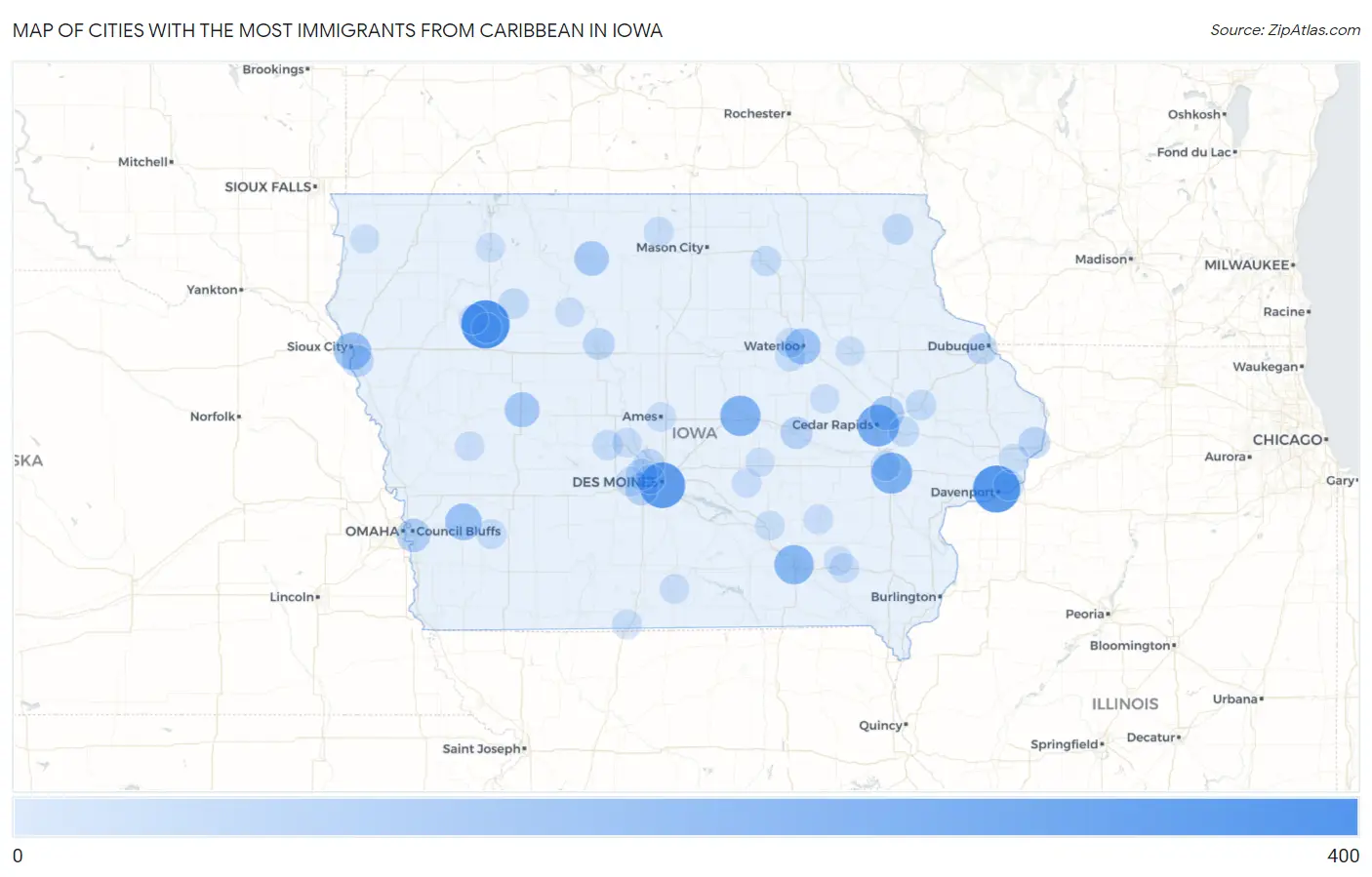 Cities with the Most Immigrants from Caribbean in Iowa Map