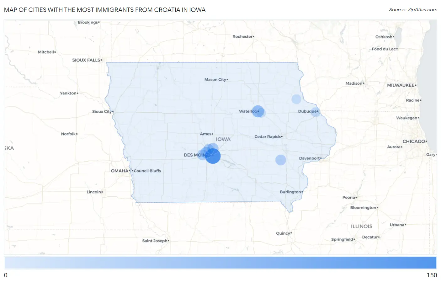 Cities with the Most Immigrants from Croatia in Iowa Map