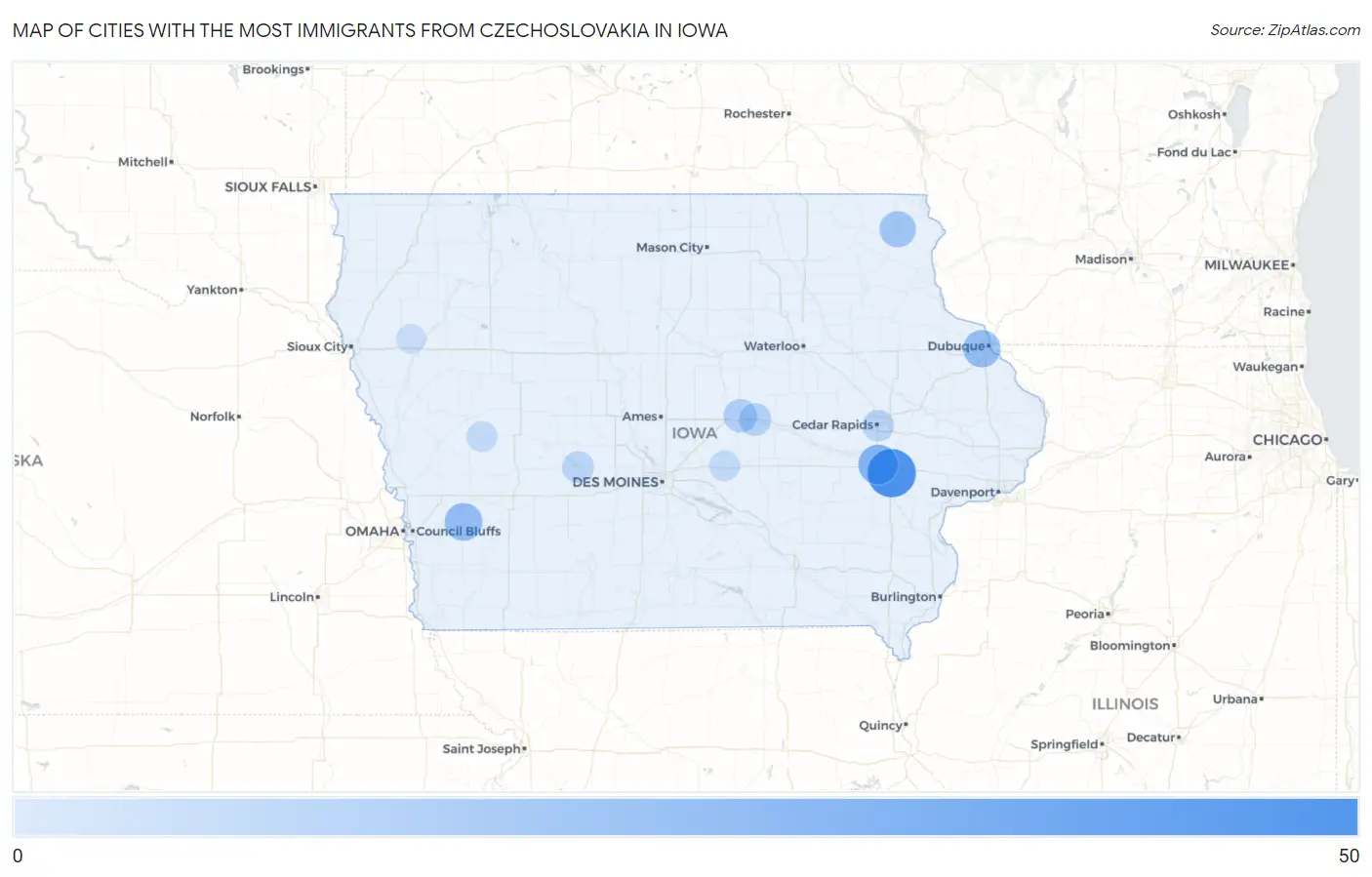 Cities with the Most Immigrants from Czechoslovakia in Iowa Map