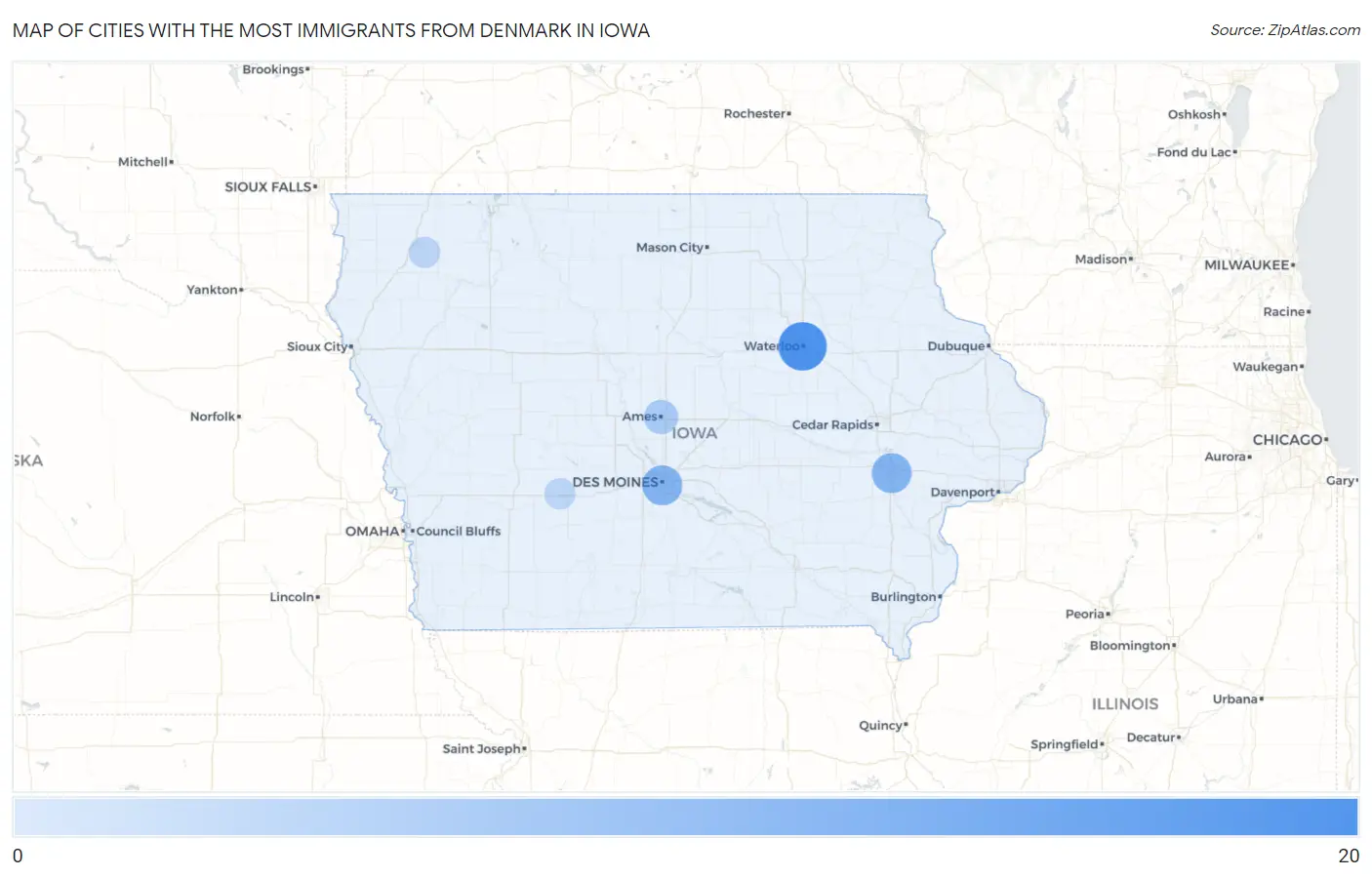 Cities with the Most Immigrants from Denmark in Iowa Map