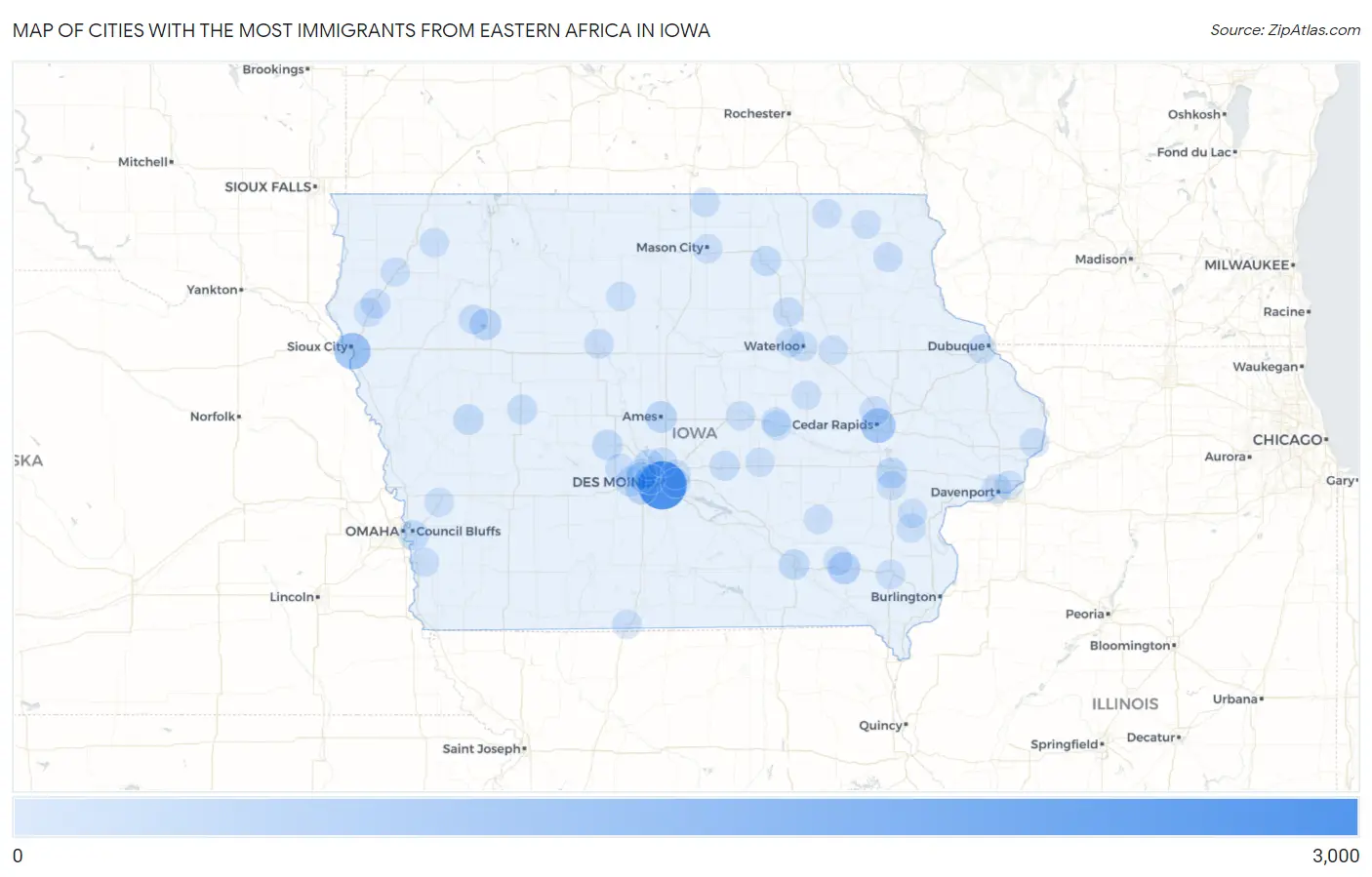Cities with the Most Immigrants from Eastern Africa in Iowa Map