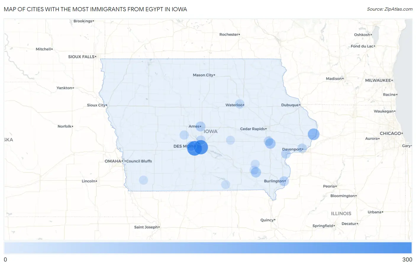 Cities with the Most Immigrants from Egypt in Iowa Map