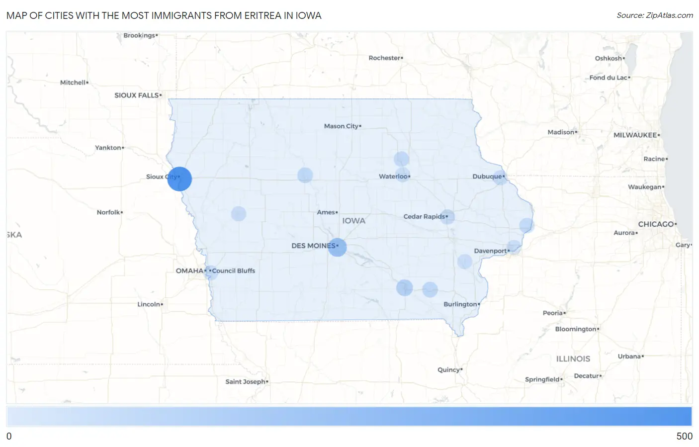 Cities with the Most Immigrants from Eritrea in Iowa Map