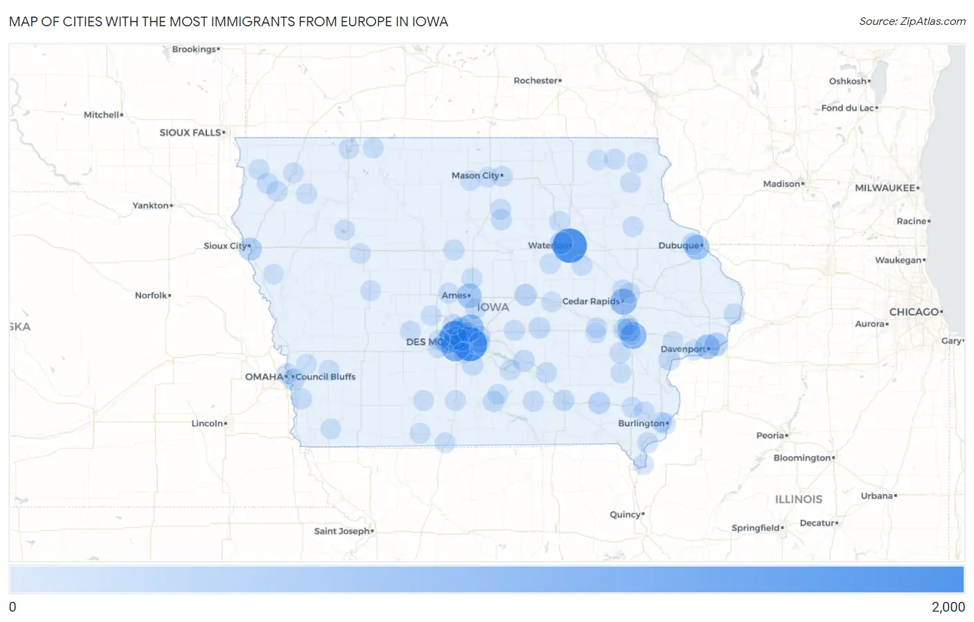 Cities with the Most Immigrants from Europe in Iowa Map