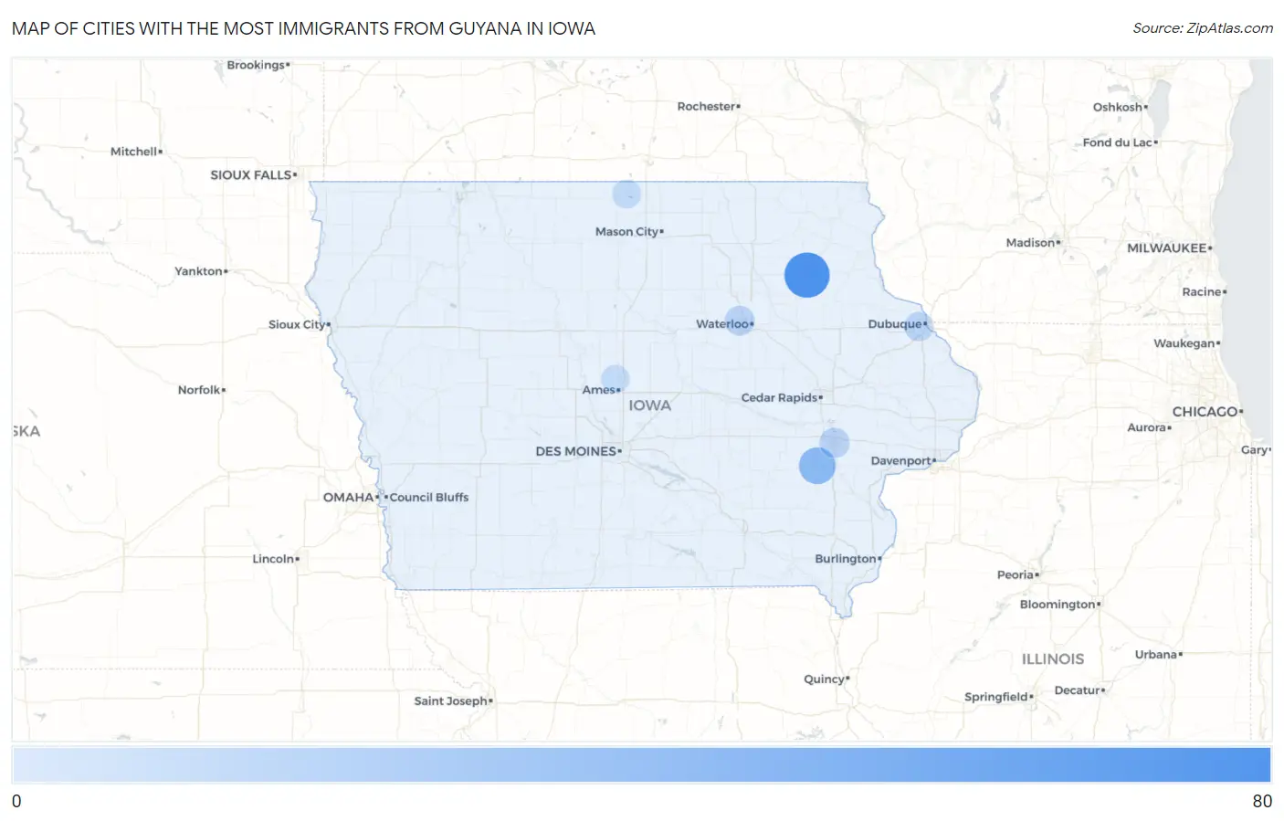 Cities with the Most Immigrants from Guyana in Iowa Map