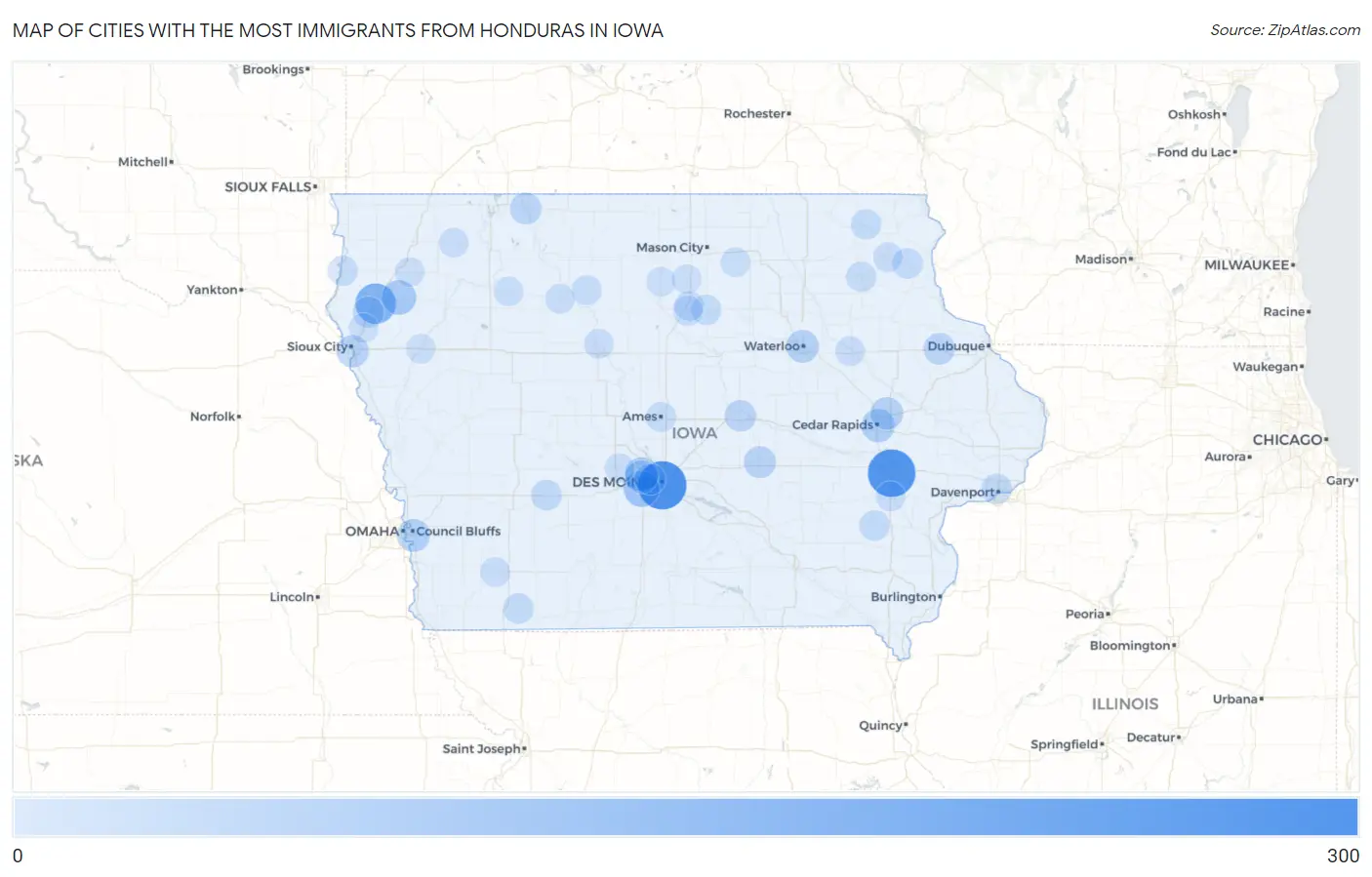 Cities with the Most Immigrants from Honduras in Iowa Map