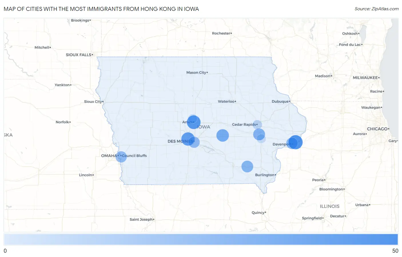 Cities with the Most Immigrants from Hong Kong in Iowa Map