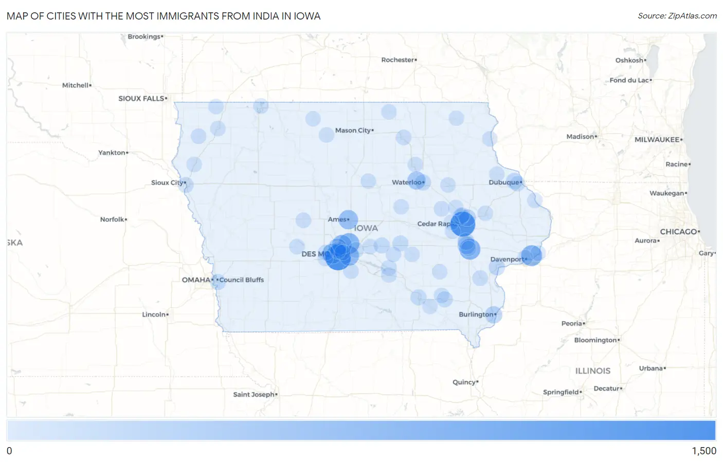 Cities with the Most Immigrants from India in Iowa Map