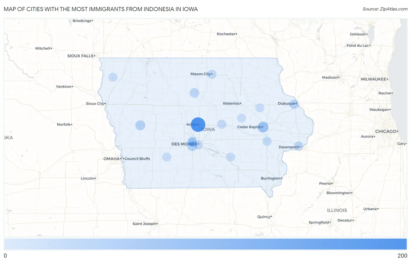 Cities with the Most Immigrants from Indonesia in Iowa Map