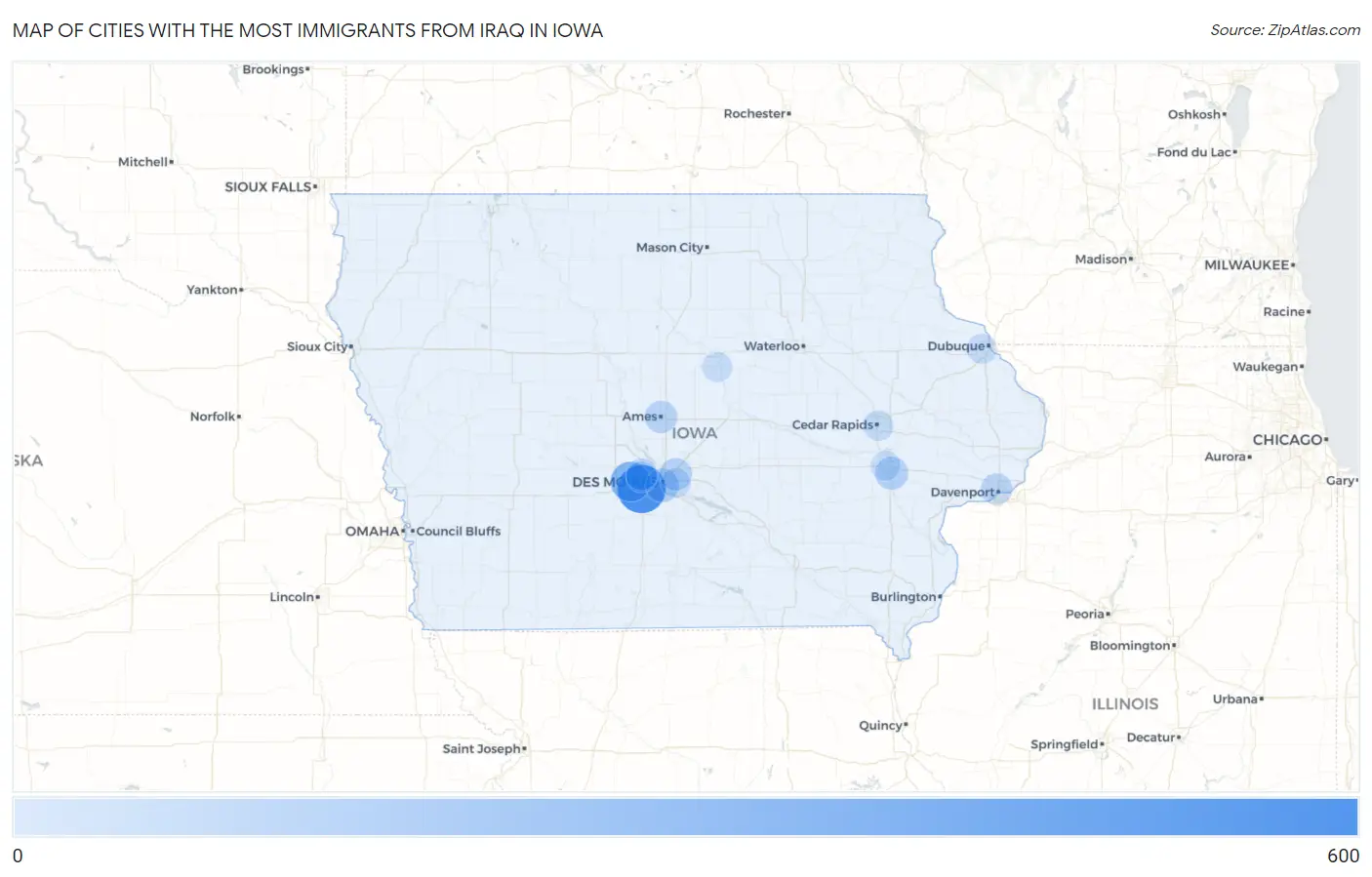 Cities with the Most Immigrants from Iraq in Iowa Map