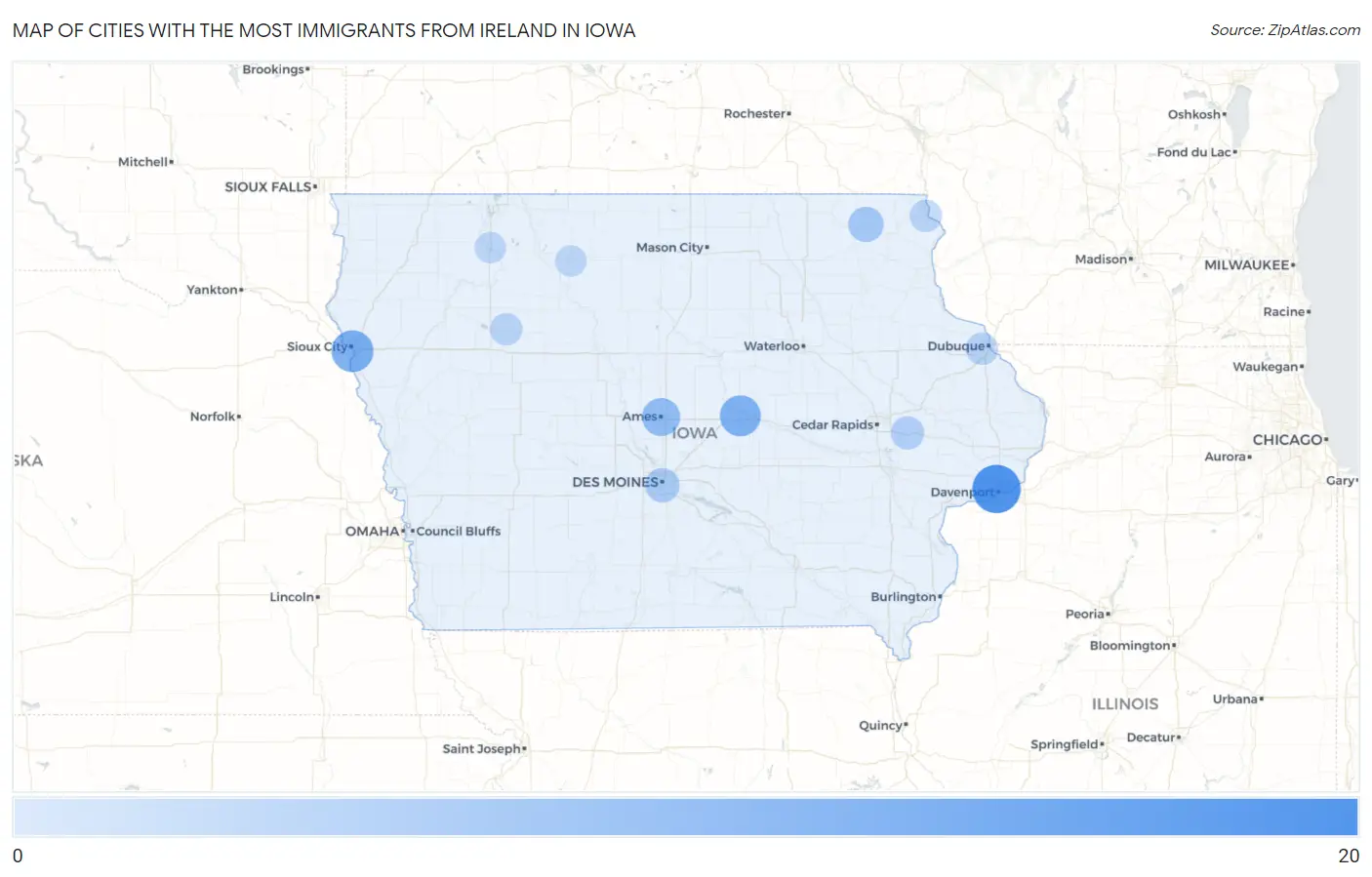 Cities with the Most Immigrants from Ireland in Iowa Map