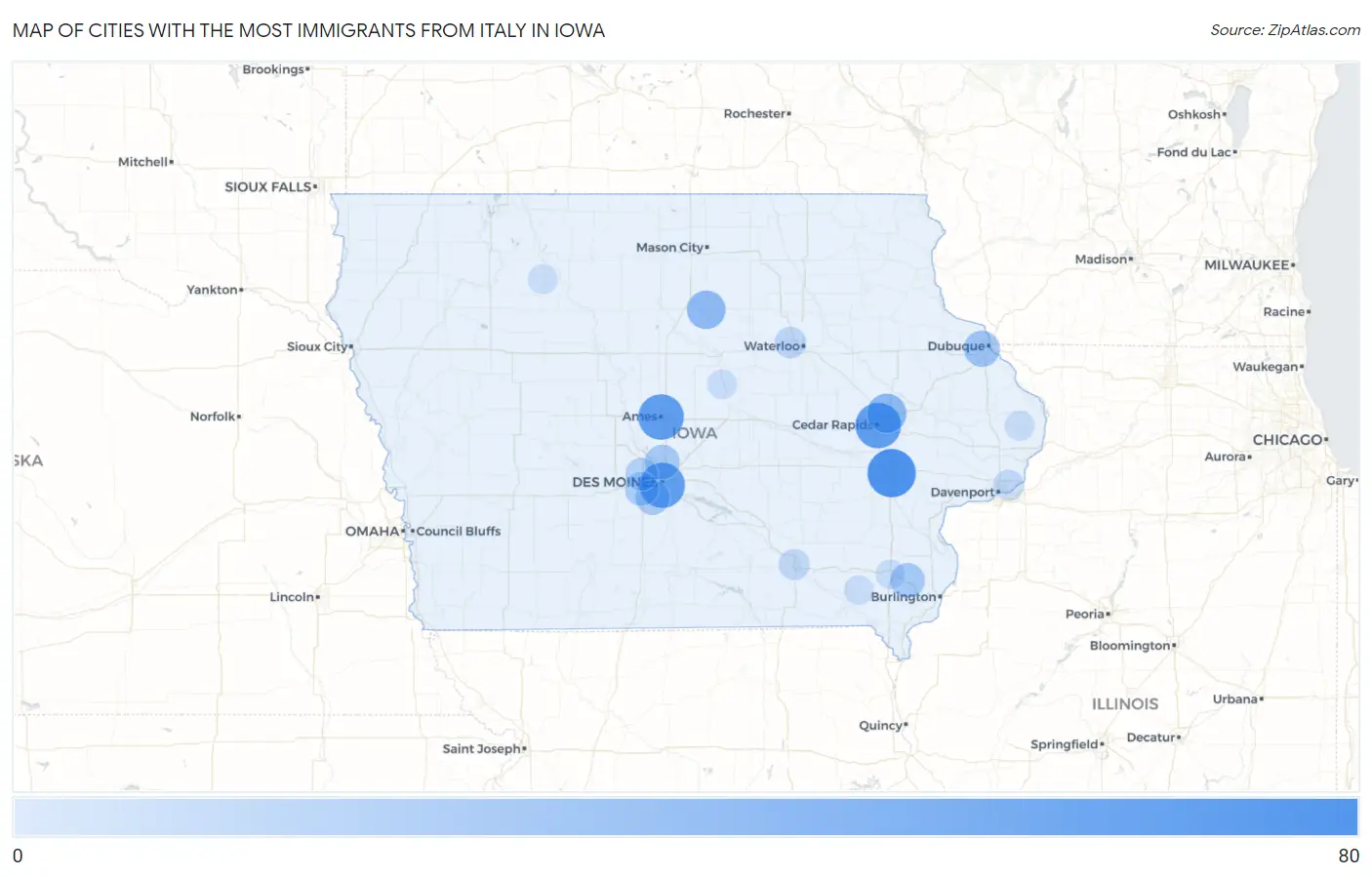 Cities with the Most Immigrants from Italy in Iowa Map