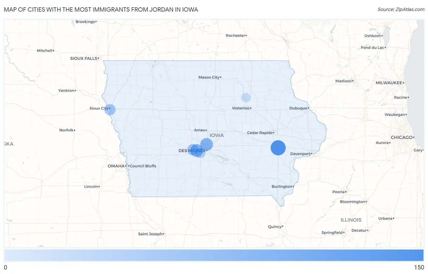 Cities with the Most Immigrants from Jordan in Iowa Map