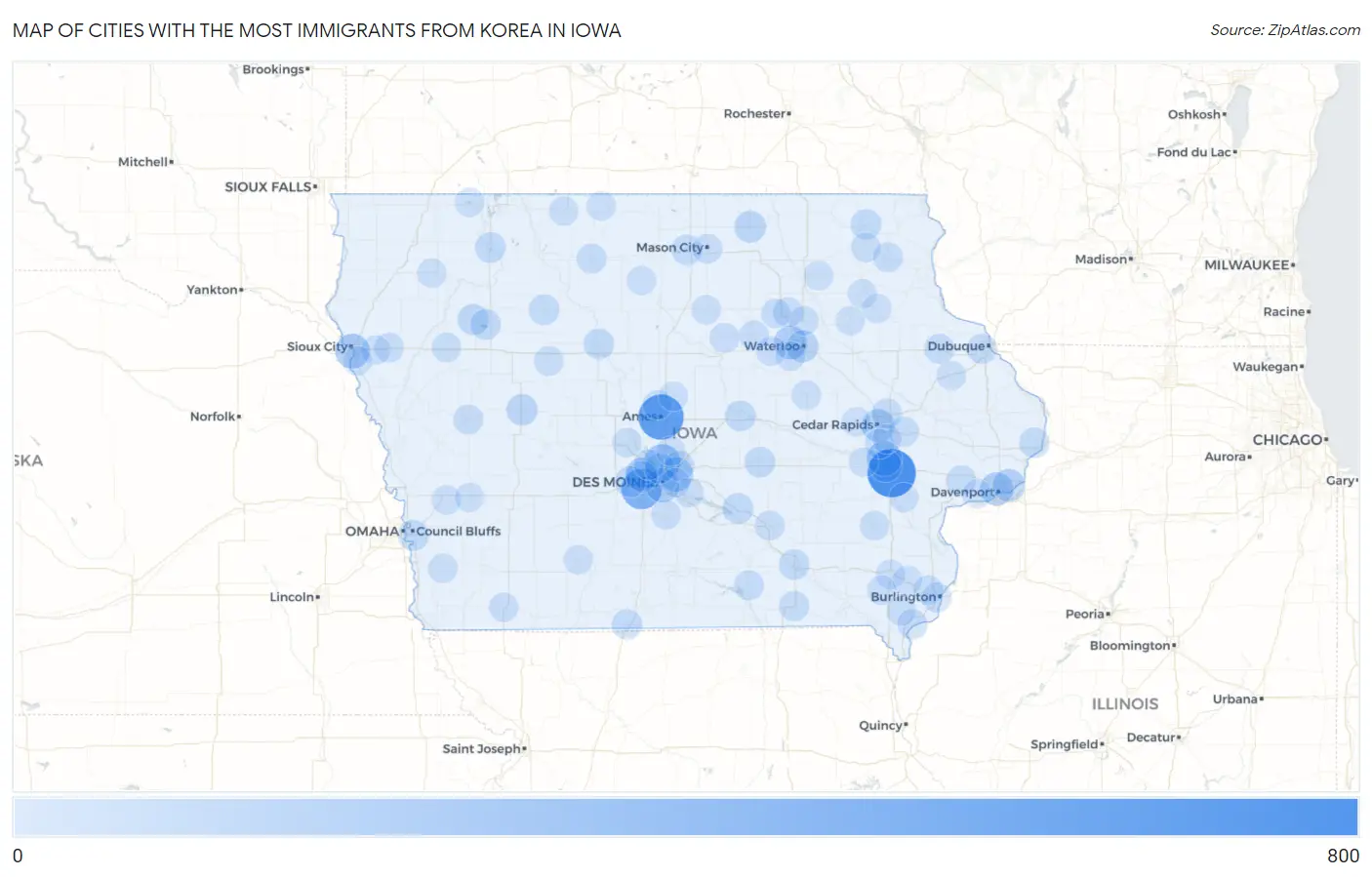Cities with the Most Immigrants from Korea in Iowa Map