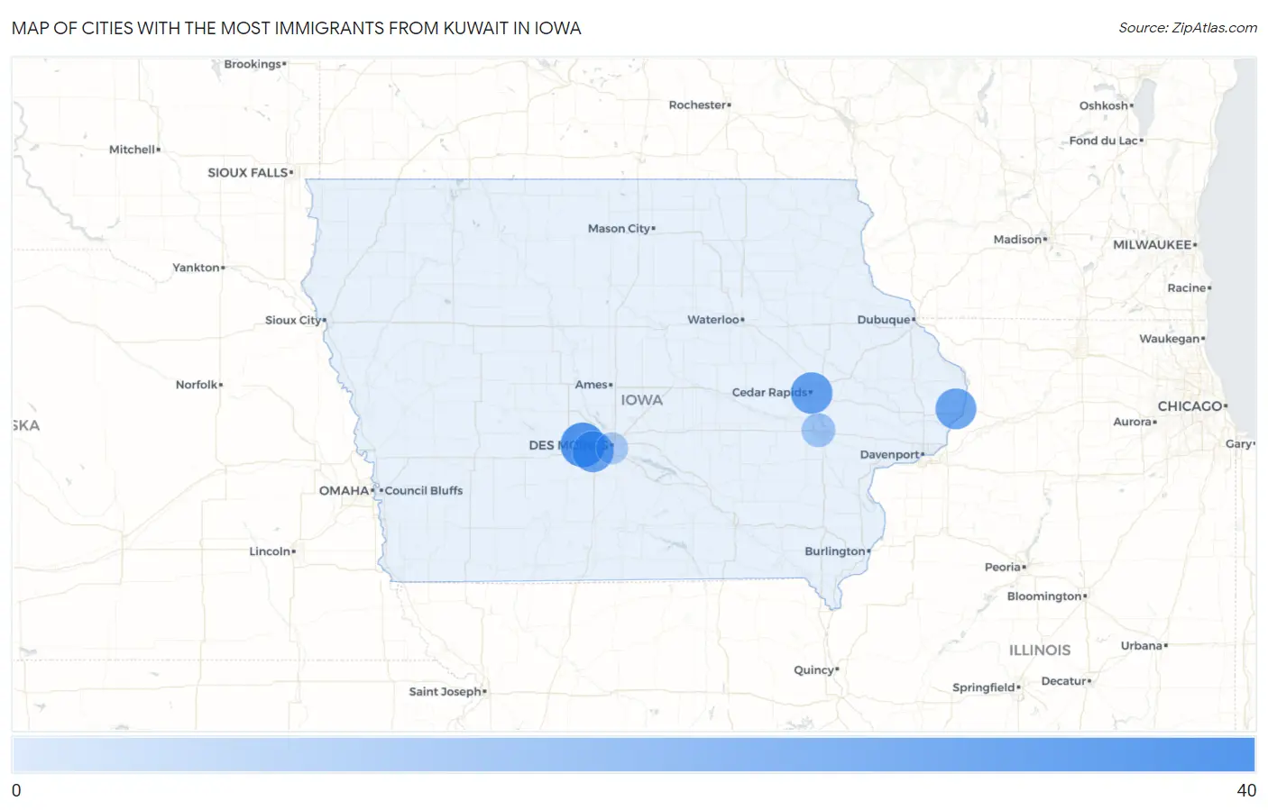 Cities with the Most Immigrants from Kuwait in Iowa Map