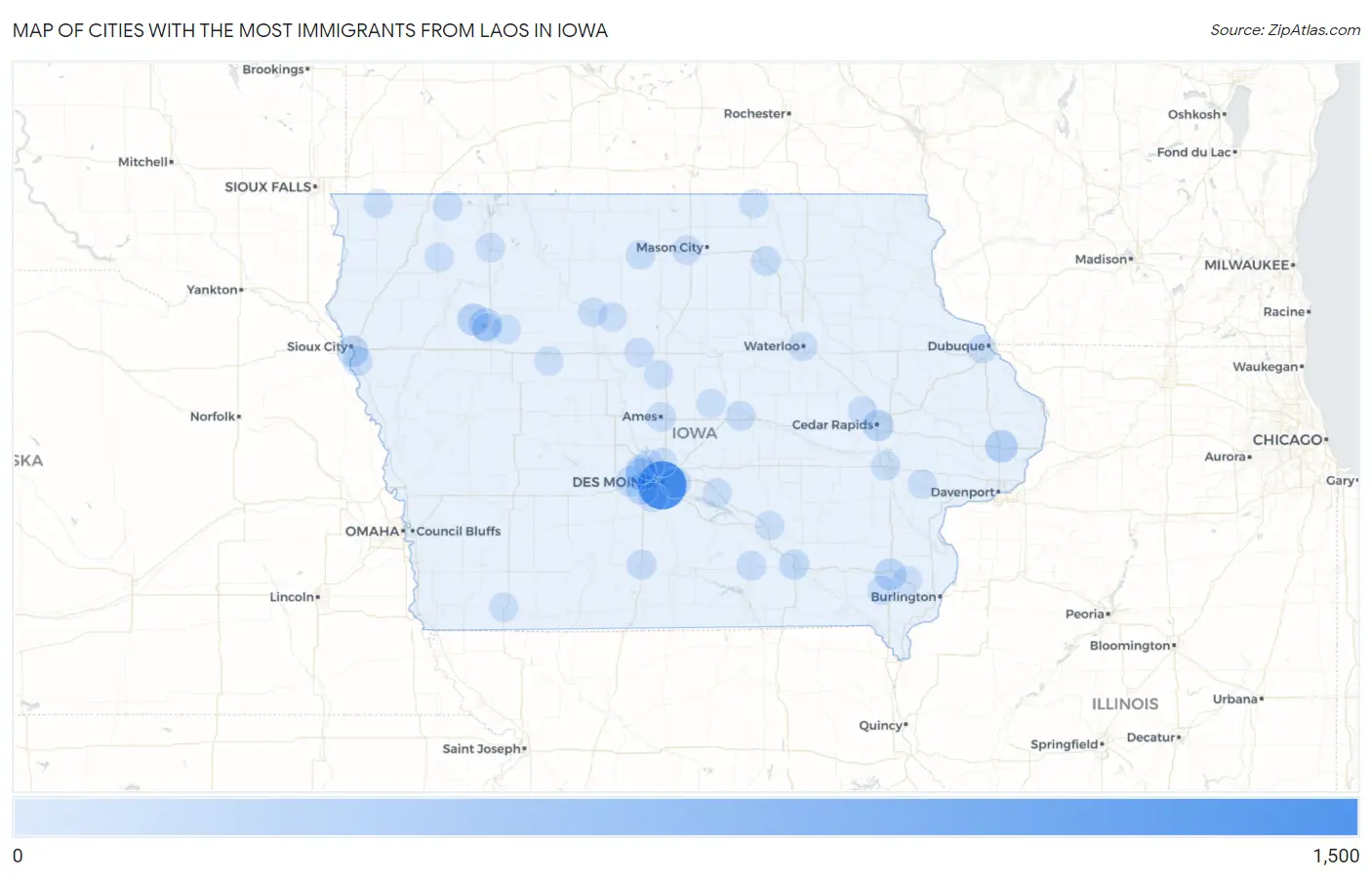 Cities with the Most Immigrants from Laos in Iowa Map