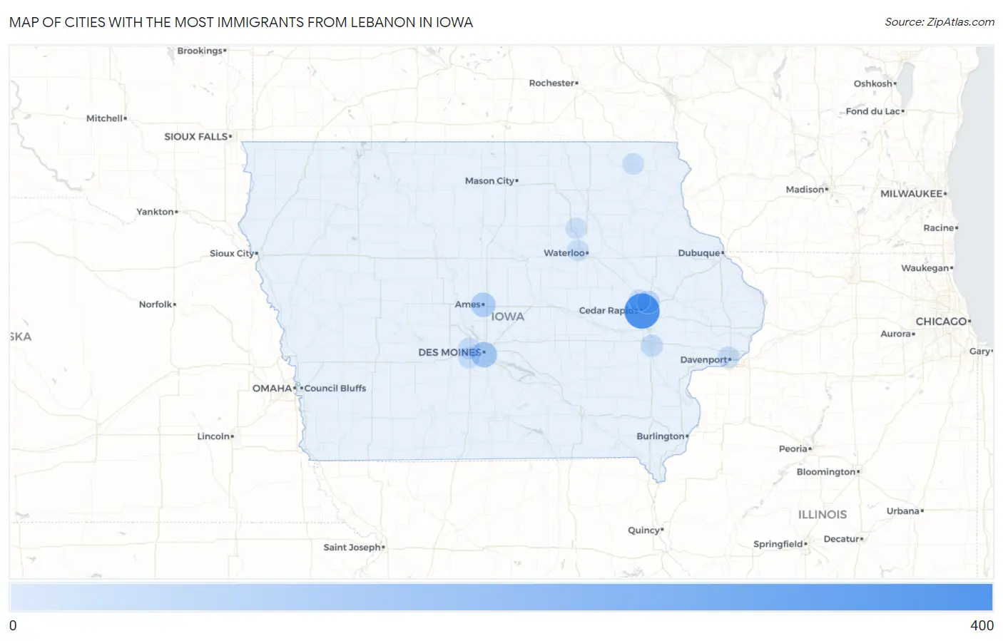 Cities with the Most Immigrants from Lebanon in Iowa Map