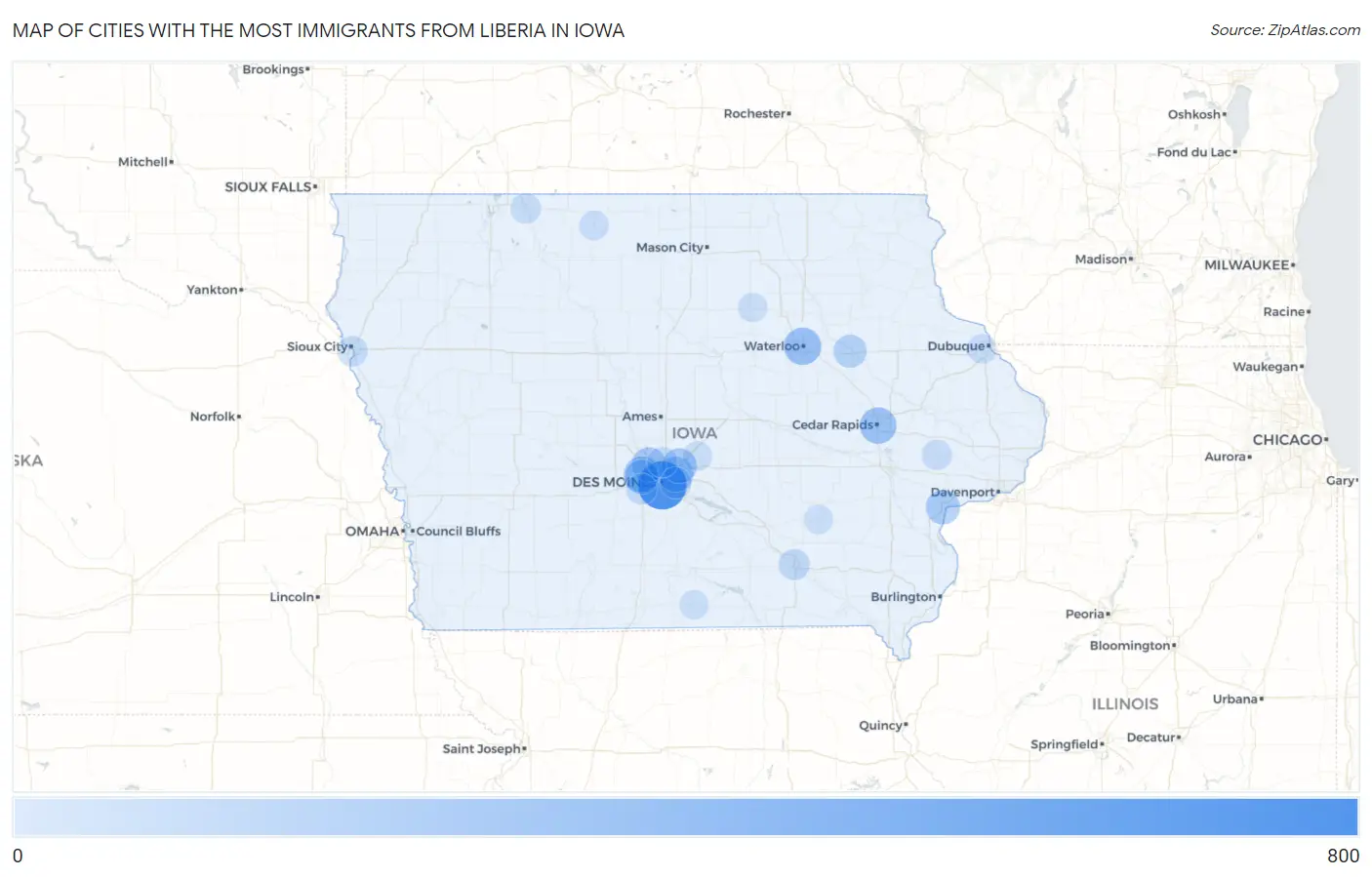 Cities with the Most Immigrants from Liberia in Iowa Map