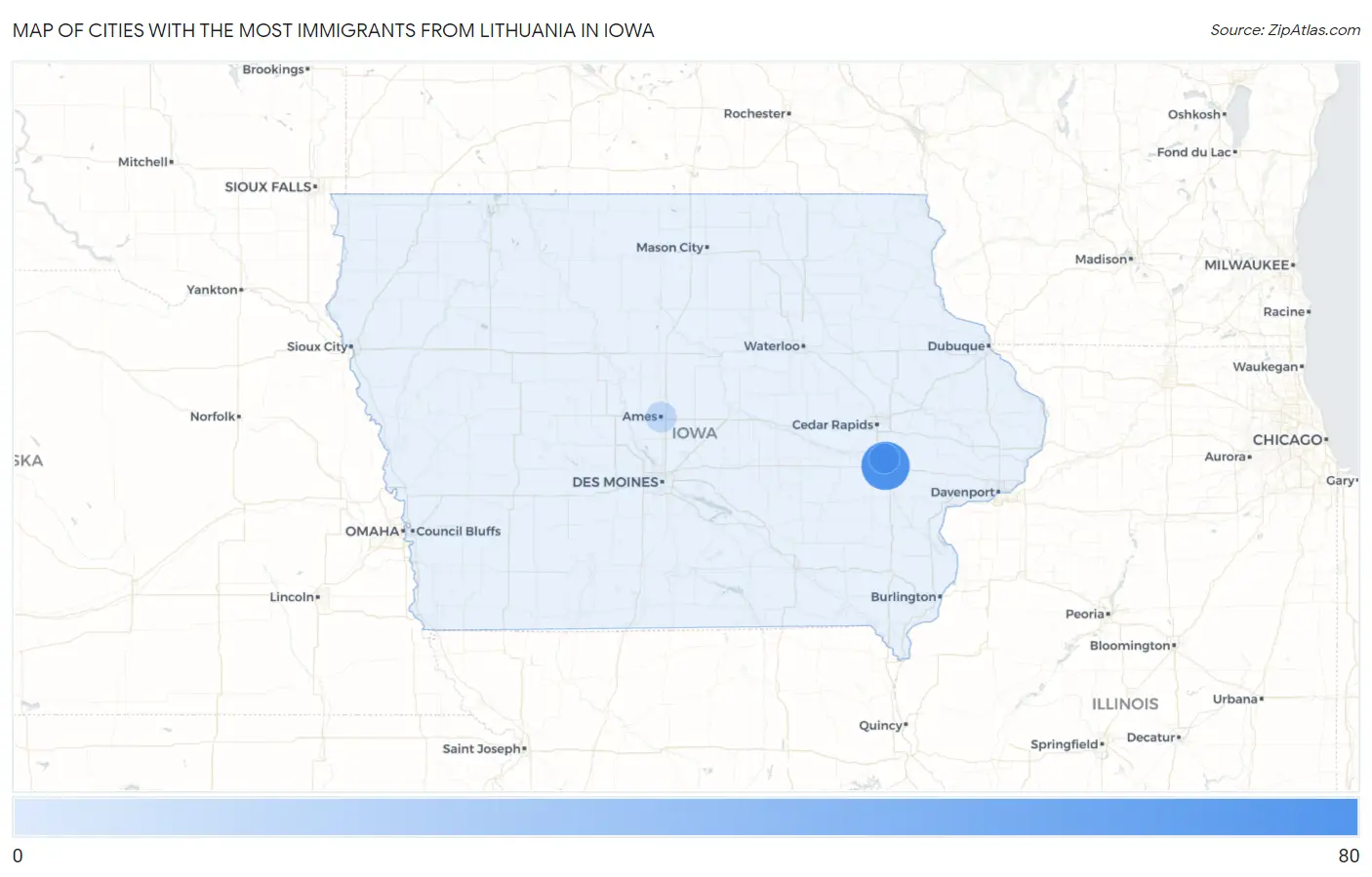 Cities with the Most Immigrants from Lithuania in Iowa Map