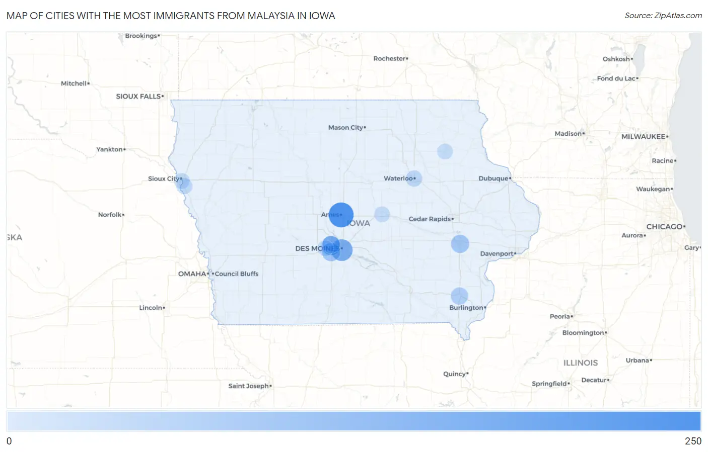 Cities with the Most Immigrants from Malaysia in Iowa Map