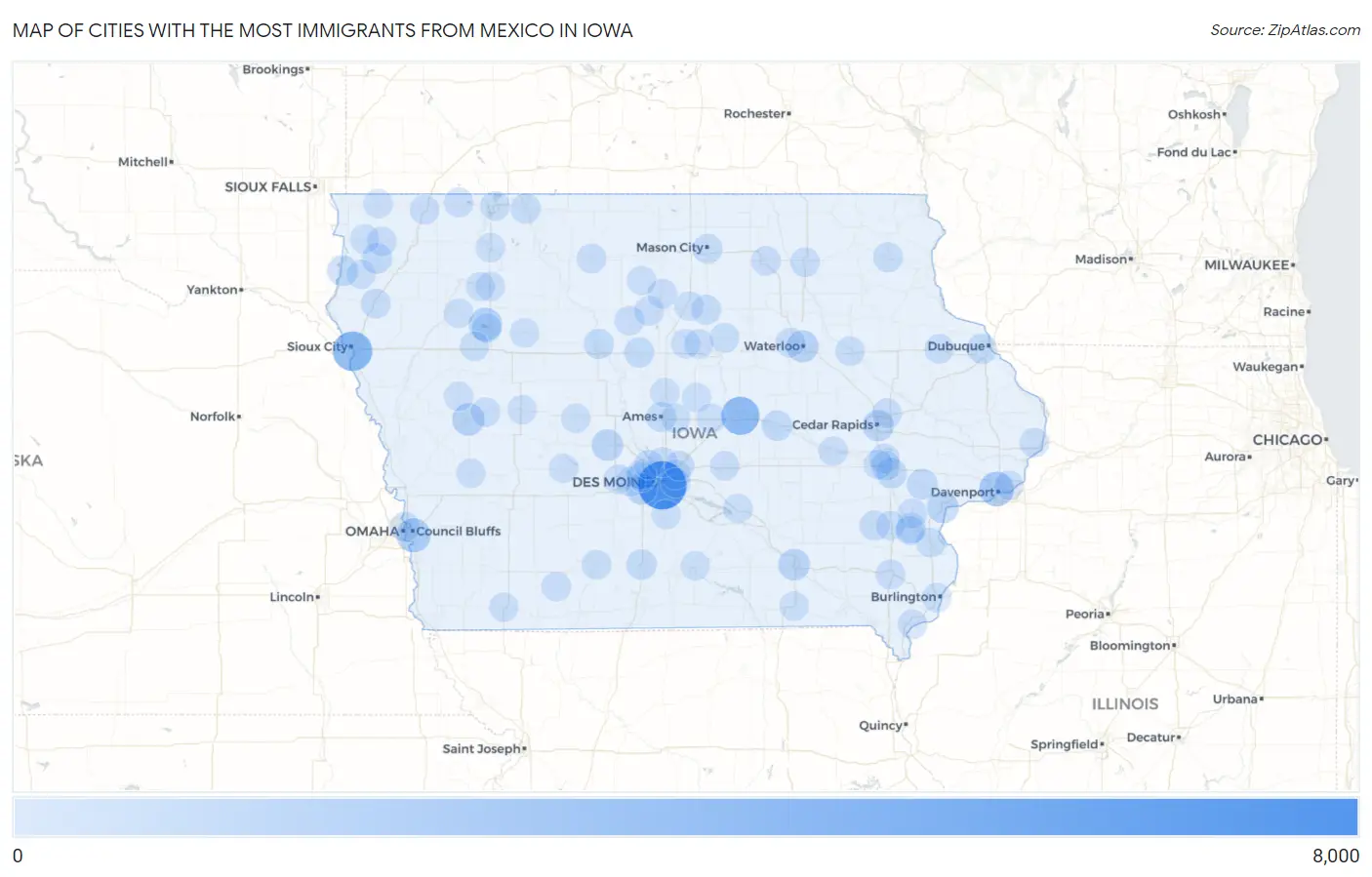 Cities with the Most Immigrants from Mexico in Iowa Map