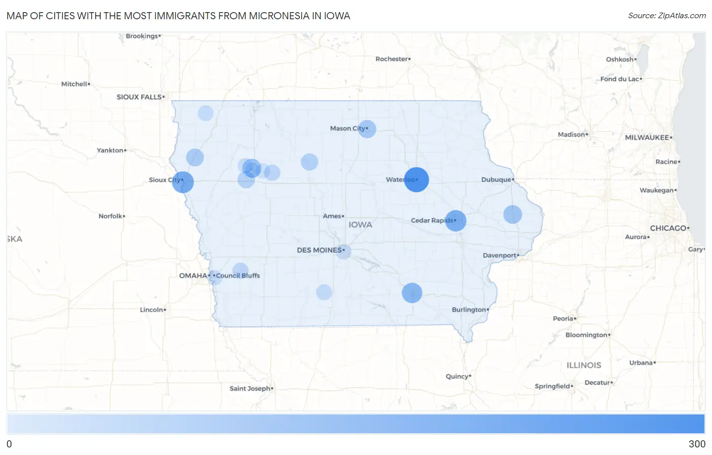 Cities with the Most Immigrants from Micronesia in Iowa Map