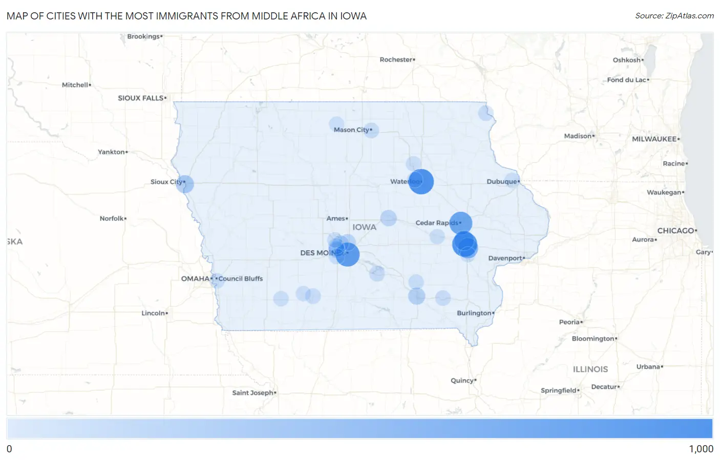 Cities with the Most Immigrants from Middle Africa in Iowa Map