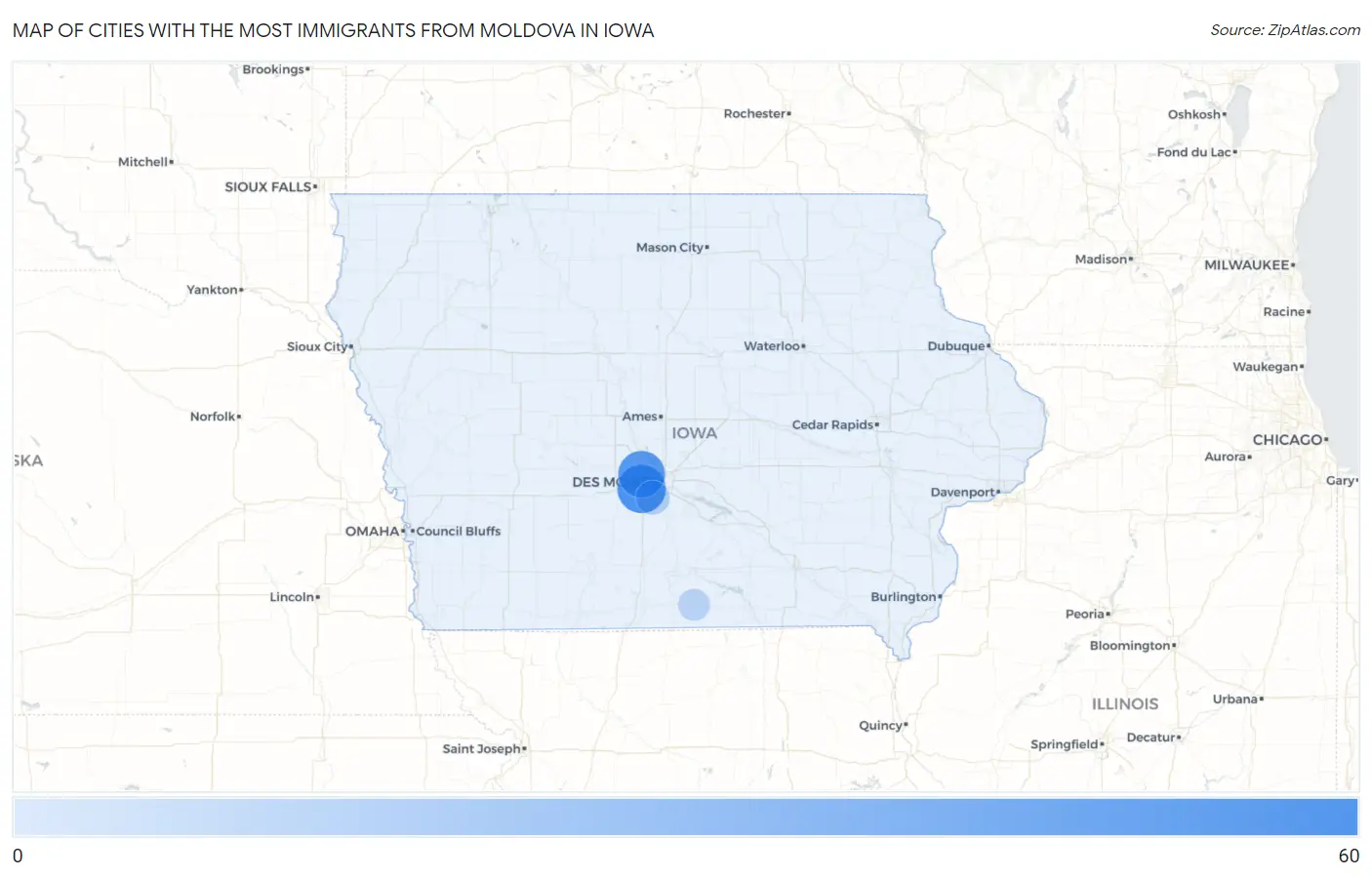 Cities with the Most Immigrants from Moldova in Iowa Map
