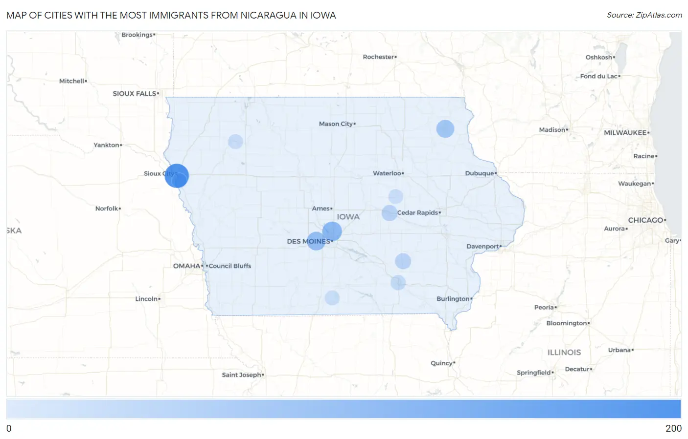 Cities with the Most Immigrants from Nicaragua in Iowa Map