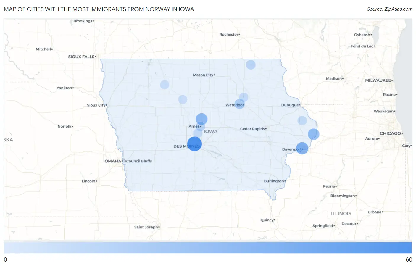 Cities with the Most Immigrants from Norway in Iowa Map