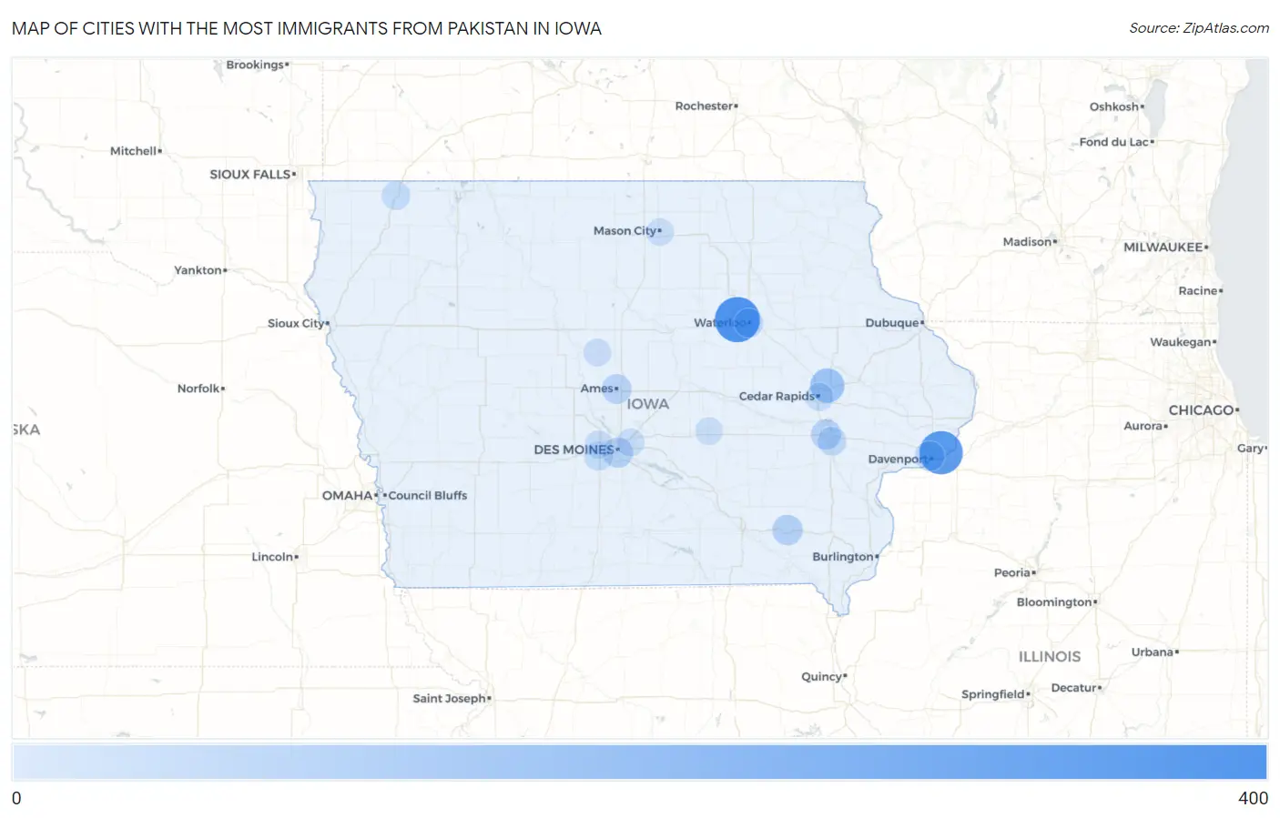 Cities with the Most Immigrants from Pakistan in Iowa Map