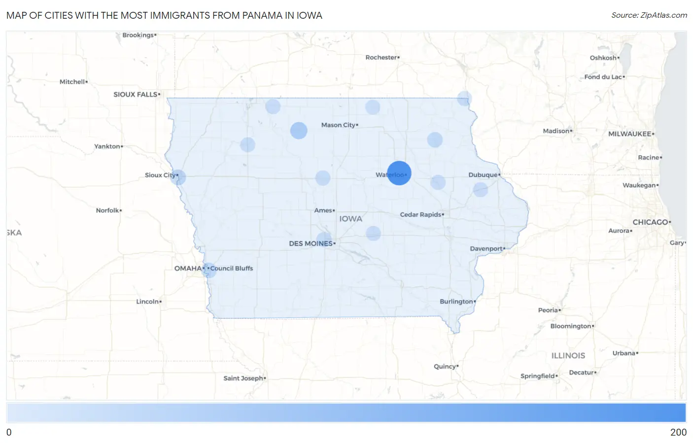Cities with the Most Immigrants from Panama in Iowa Map