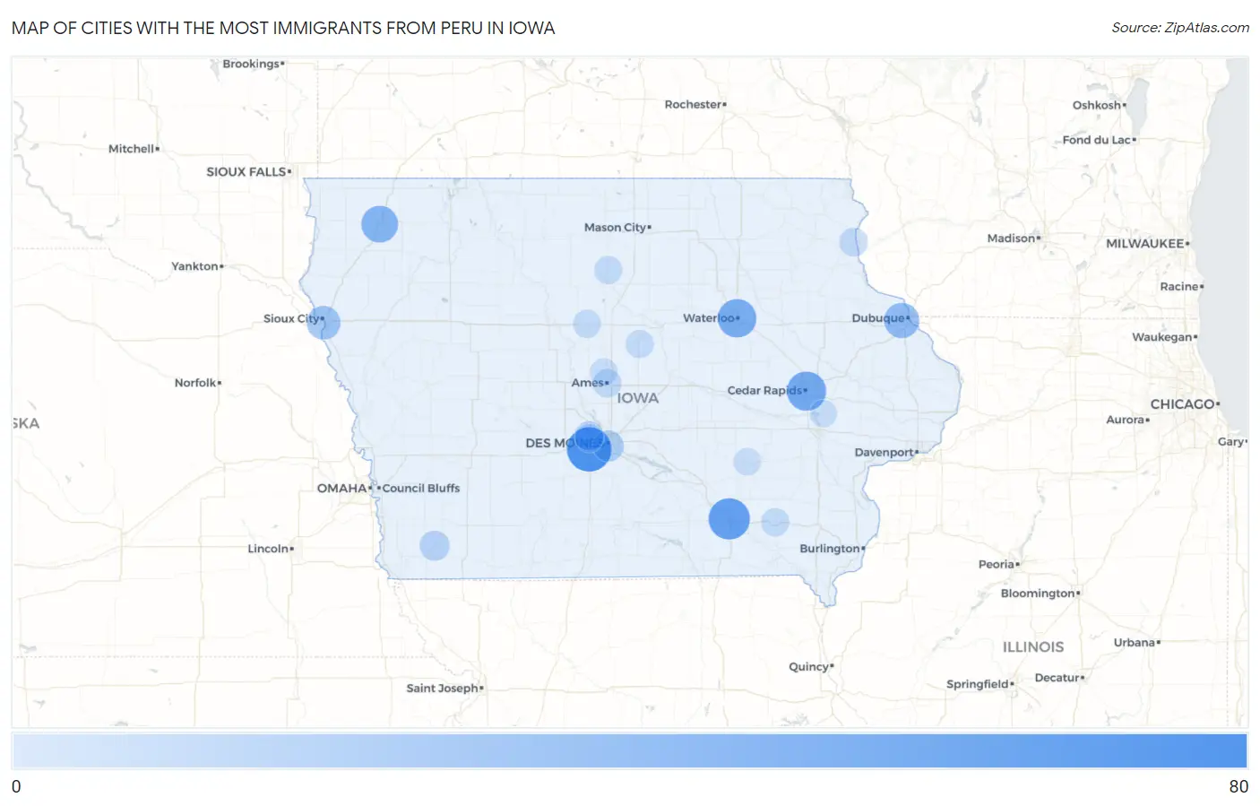 Cities with the Most Immigrants from Peru in Iowa Map