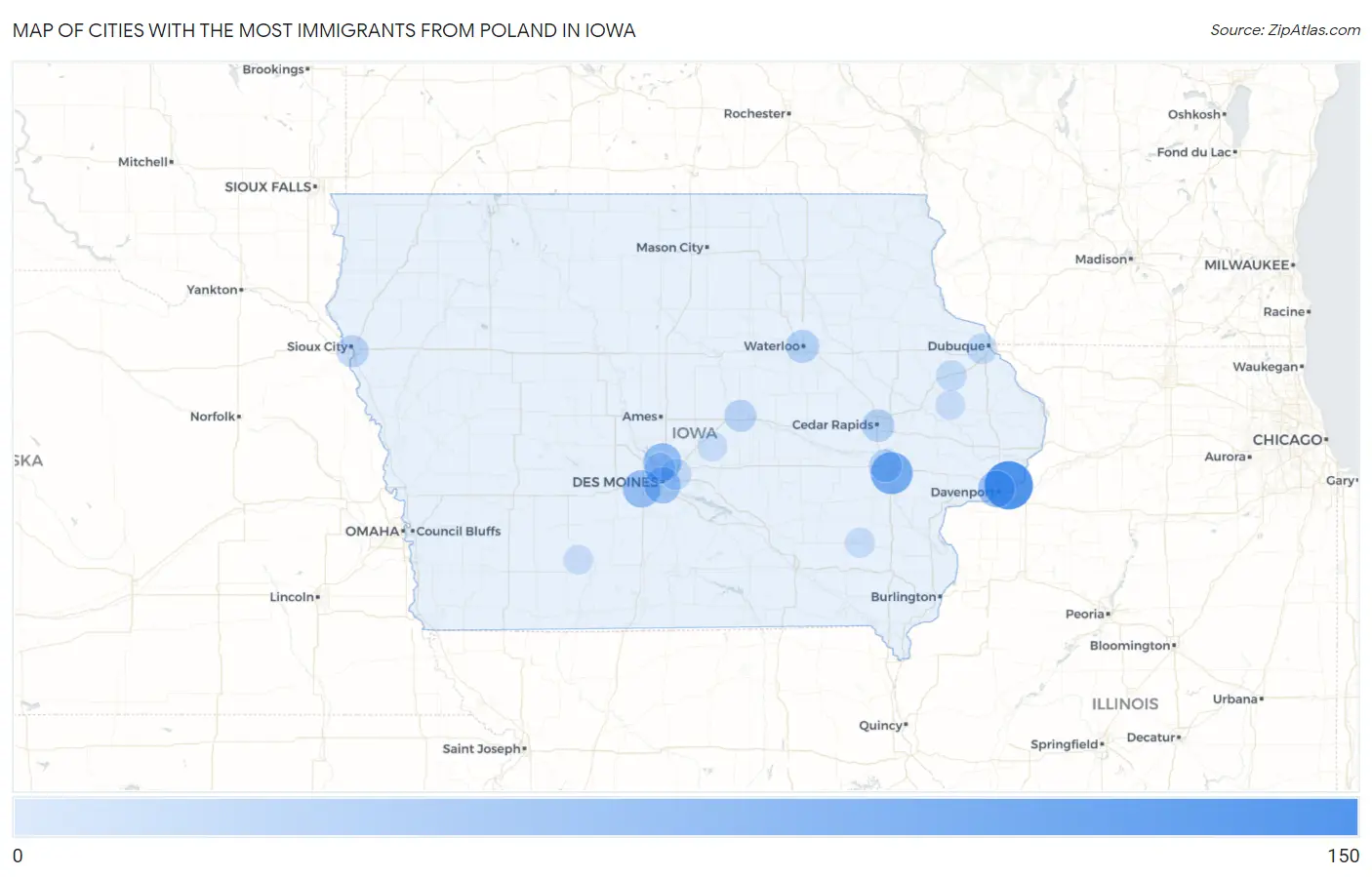 Cities with the Most Immigrants from Poland in Iowa Map