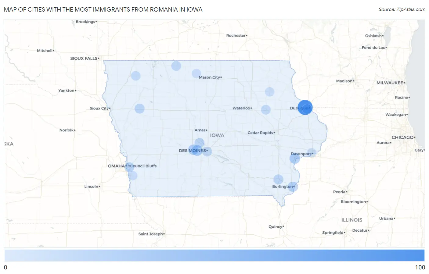 Cities with the Most Immigrants from Romania in Iowa Map