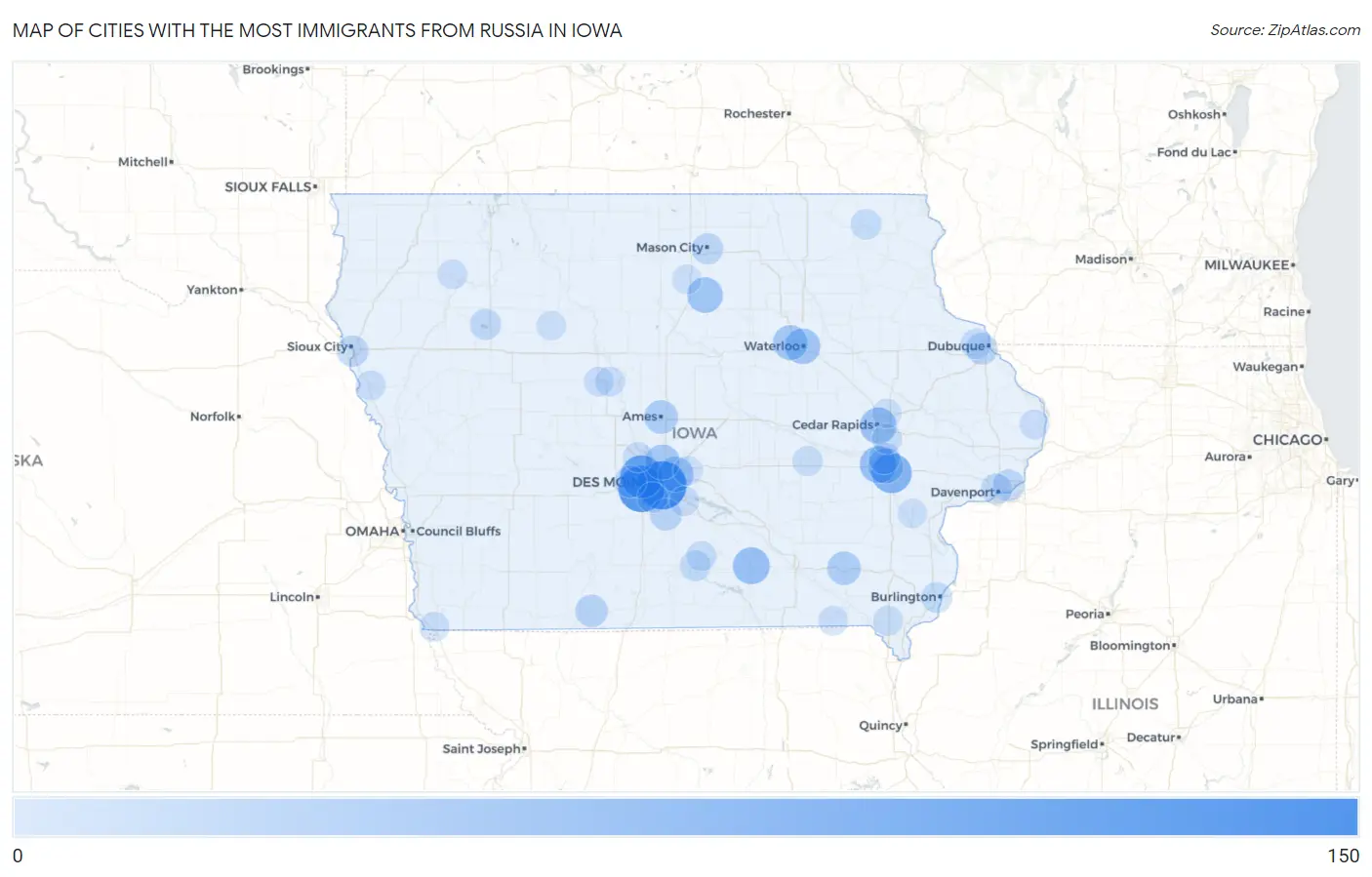 Cities with the Most Immigrants from Russia in Iowa Map
