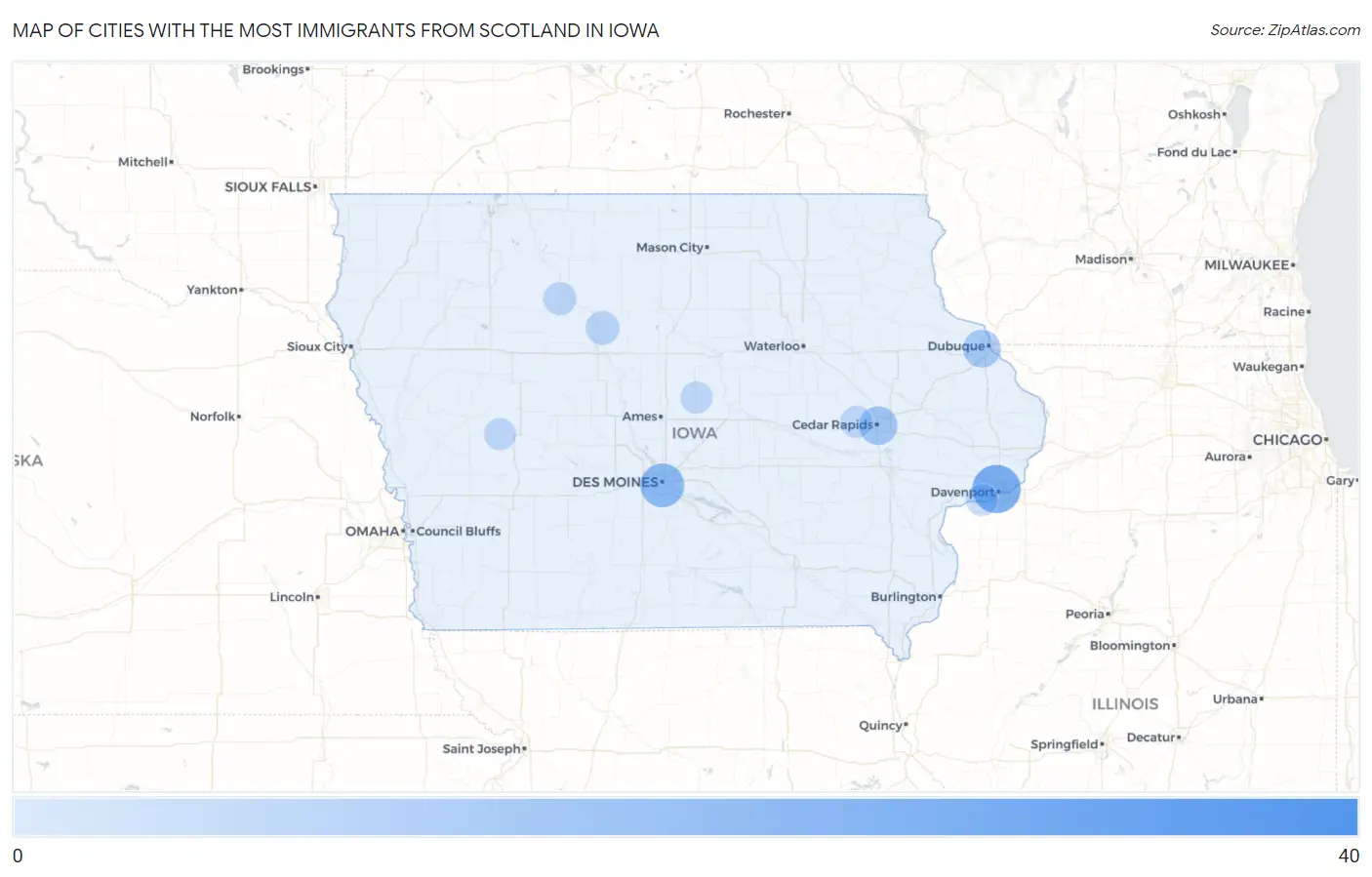Cities with the Most Immigrants from Scotland in Iowa Map