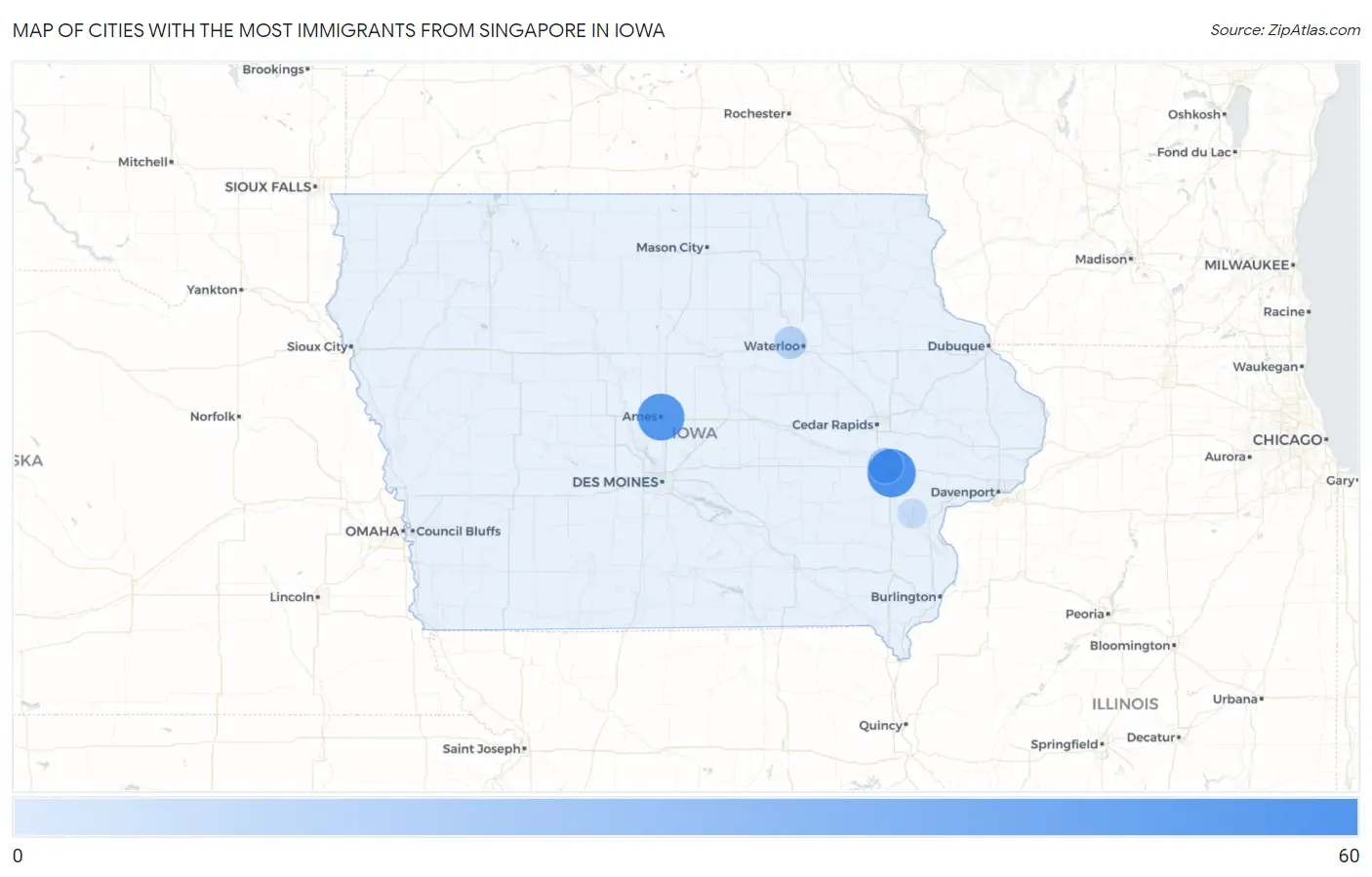 Cities with the Most Immigrants from Singapore in Iowa Map